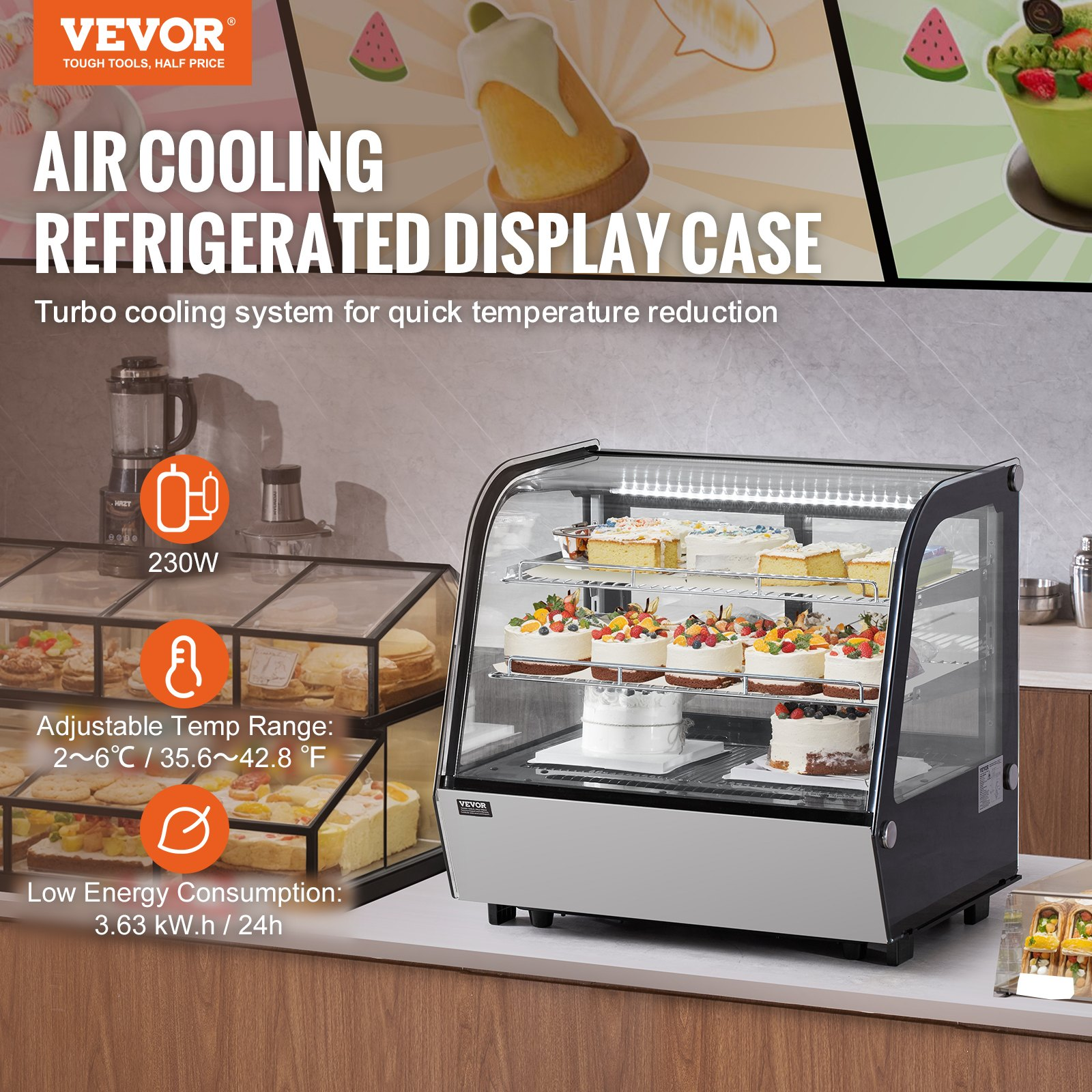 Refrigerated Display Case 4.2 Cu Ft 2 Tier Countertop Pastry Cooler