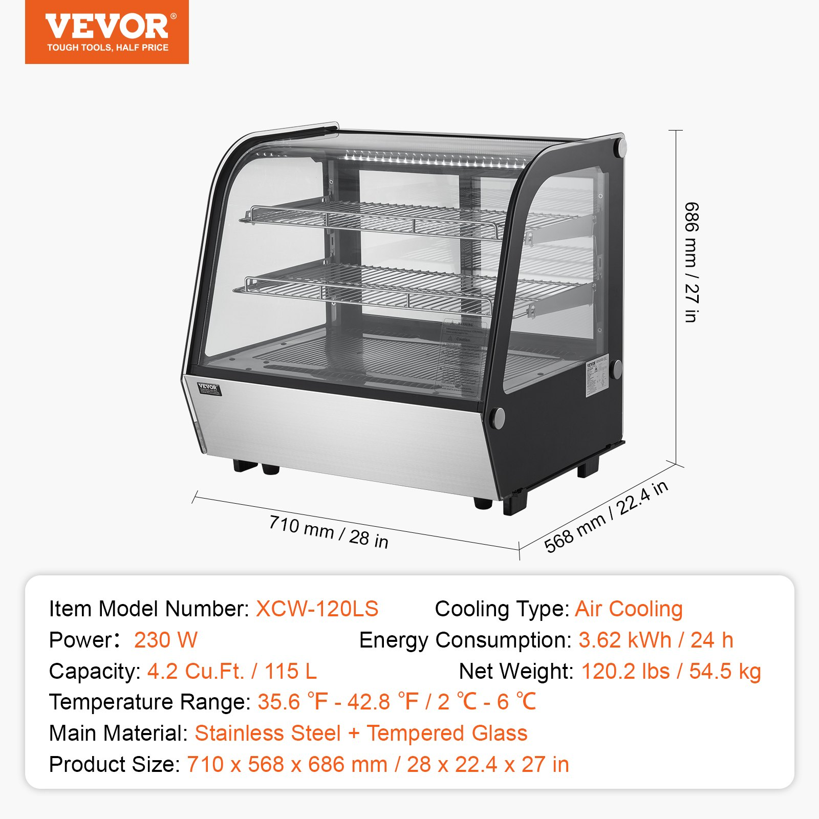 Refrigerated Display Case 4.2 Cu Ft 2 Tier Countertop Pastry Cooler