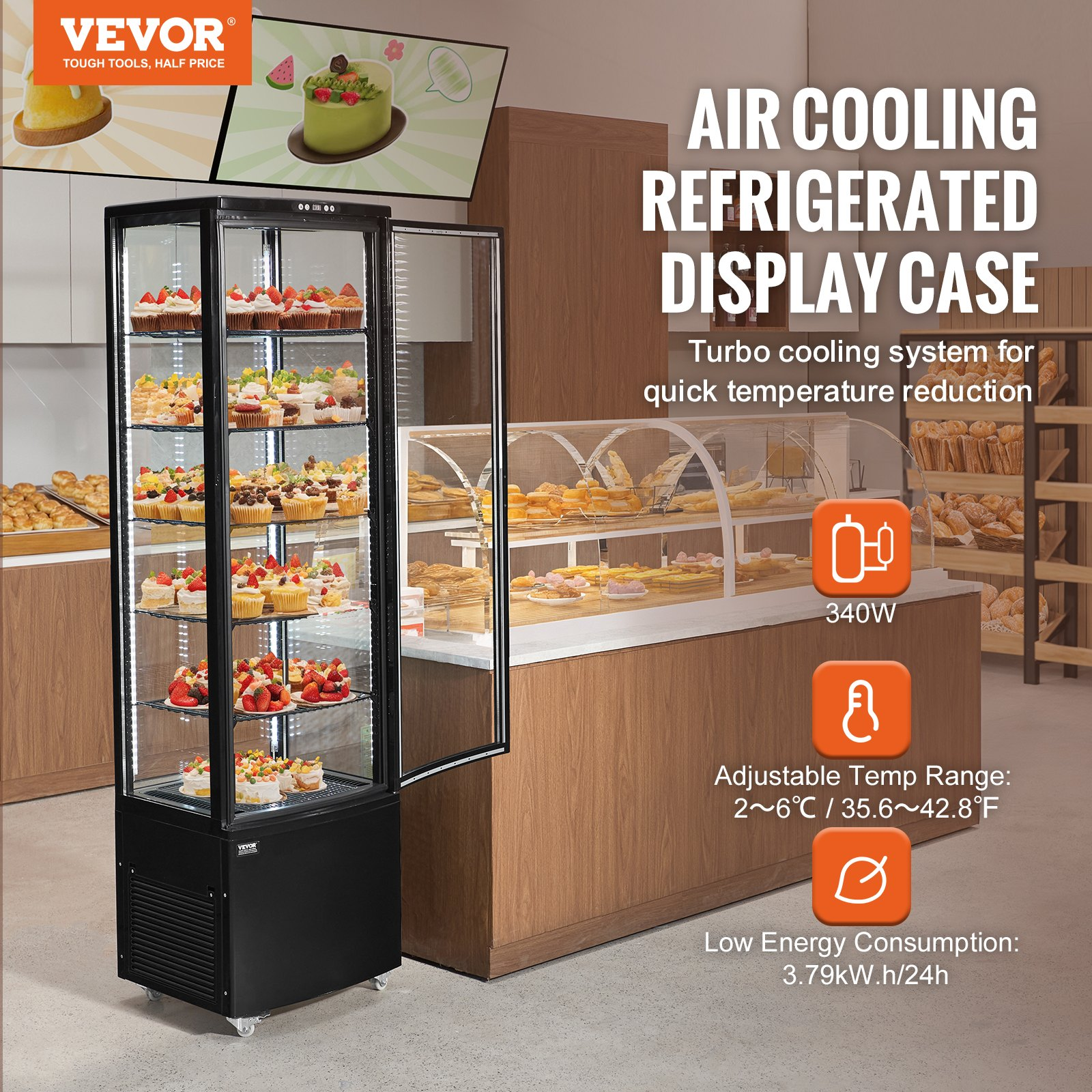 Refrigerated Display Case 9.8 Cu Ft 5 Tier Commercial Pastry Cooler
