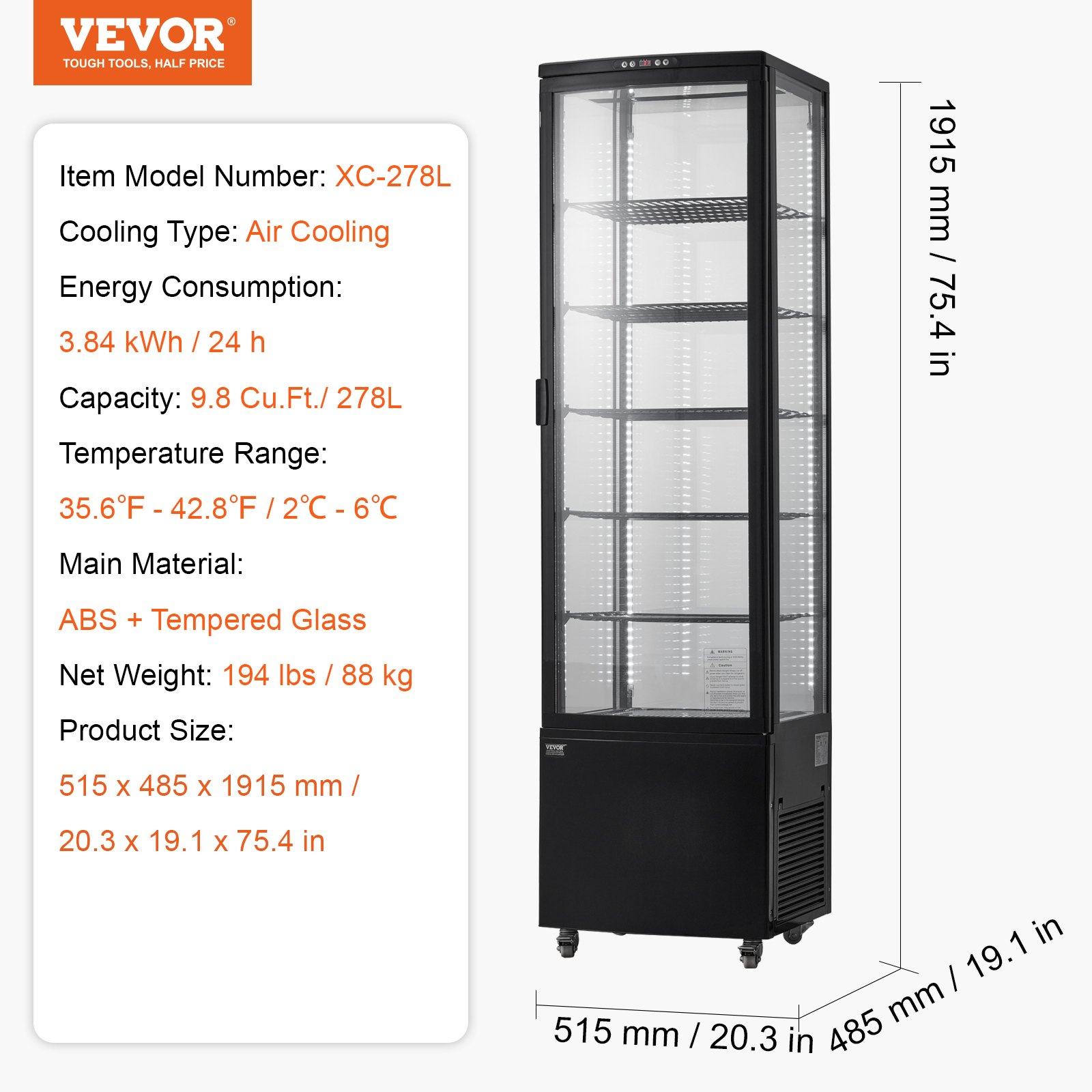 Refrigerated Display Case 9.8 Cu Ft 5 Tier Commercial Pastry Cooler