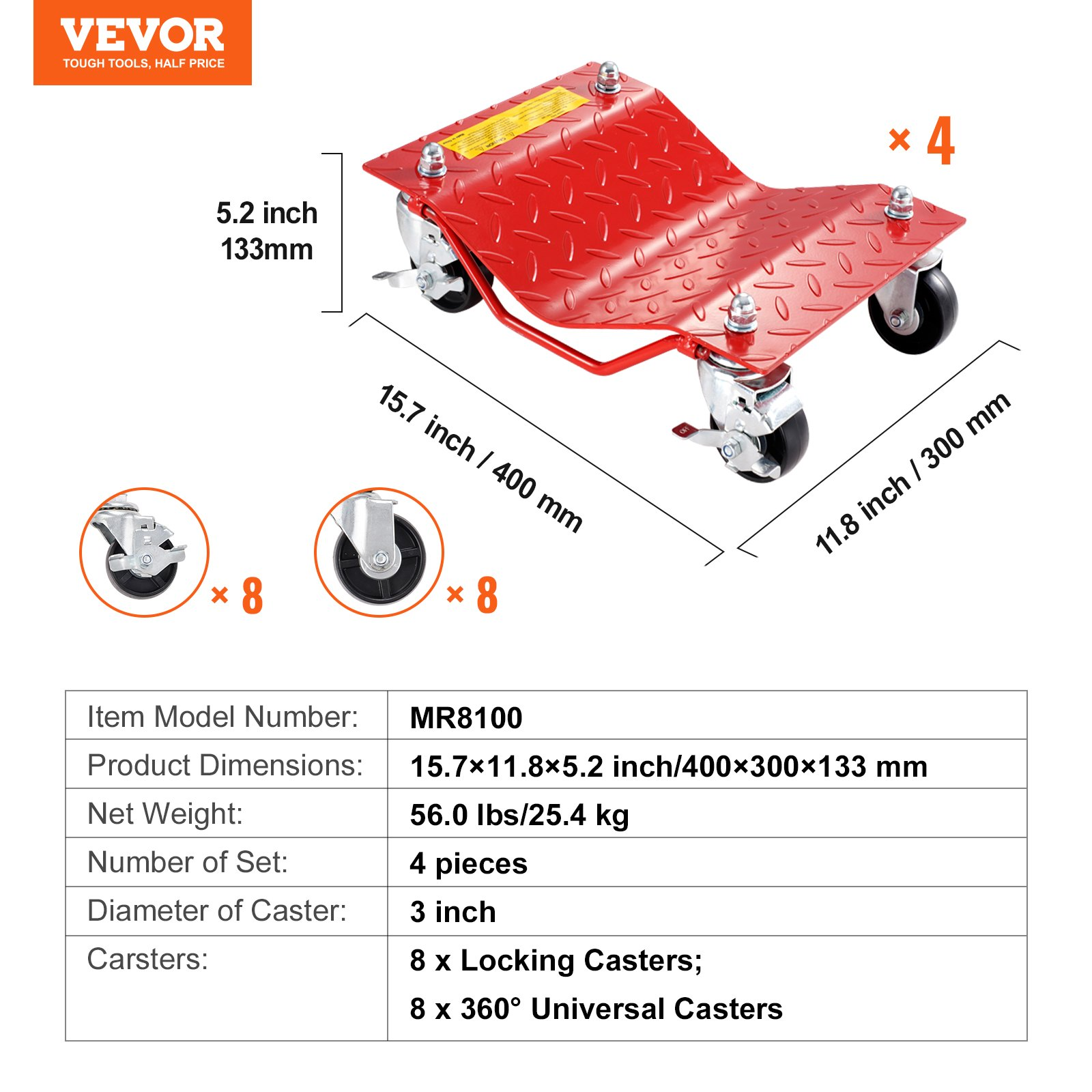 VEVOR Wheel Dolly Heavy-Duty Car Tire Stake Vehicle Moving Dolly 8000 lbs 4 Pack - Picture 6 of 10