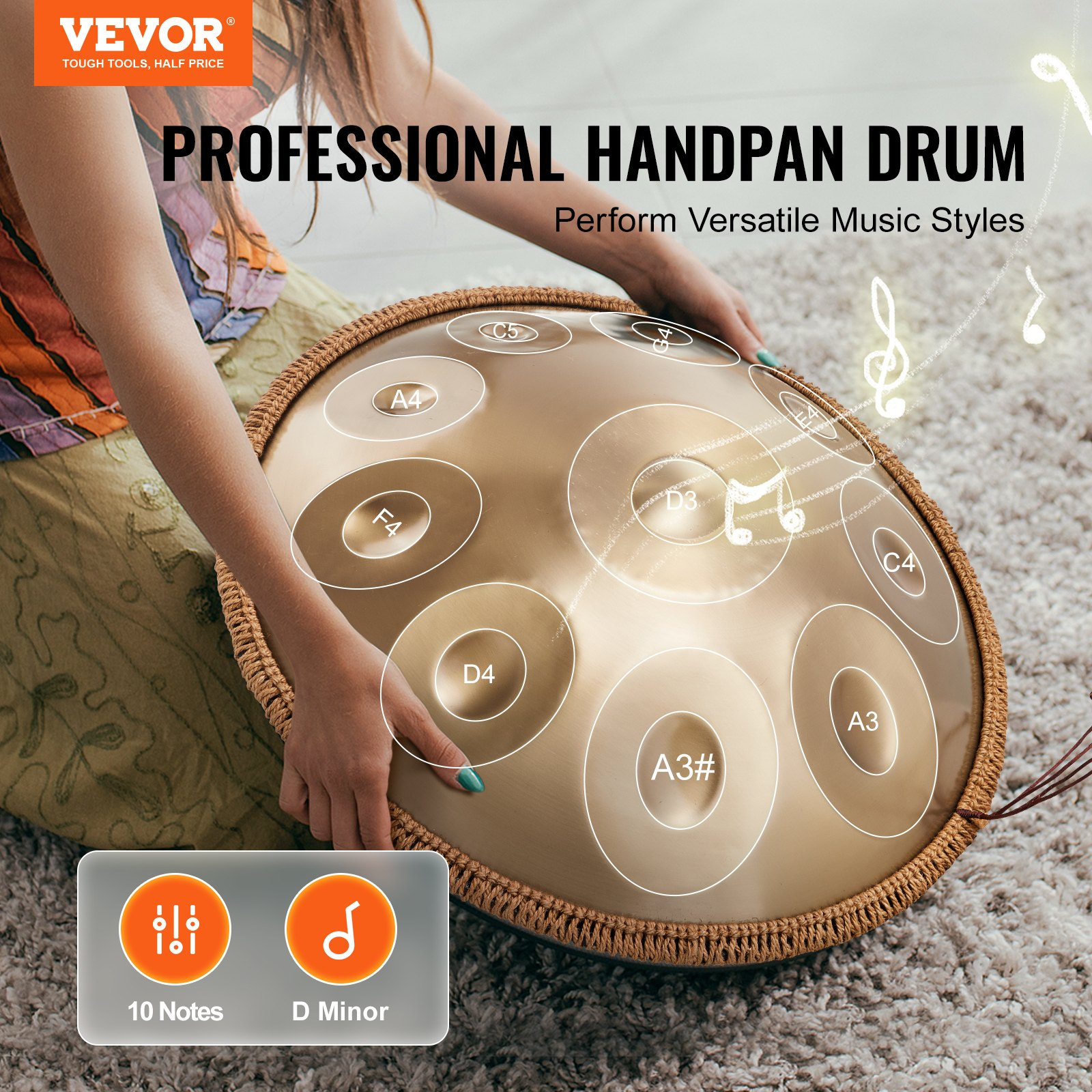 22″ Handpan Drum 10 Notes D Minor 432Hz w/ Stand Bag Mallets