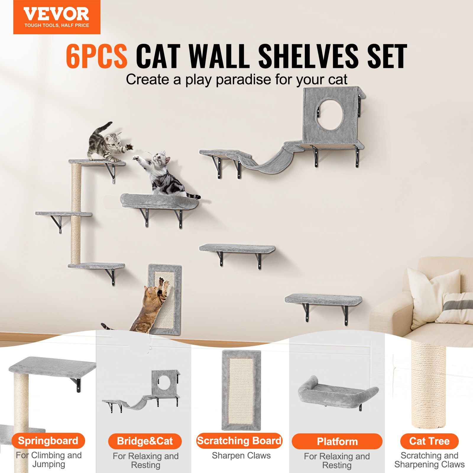 Wall Mounted Cat Shelves, Set of 6