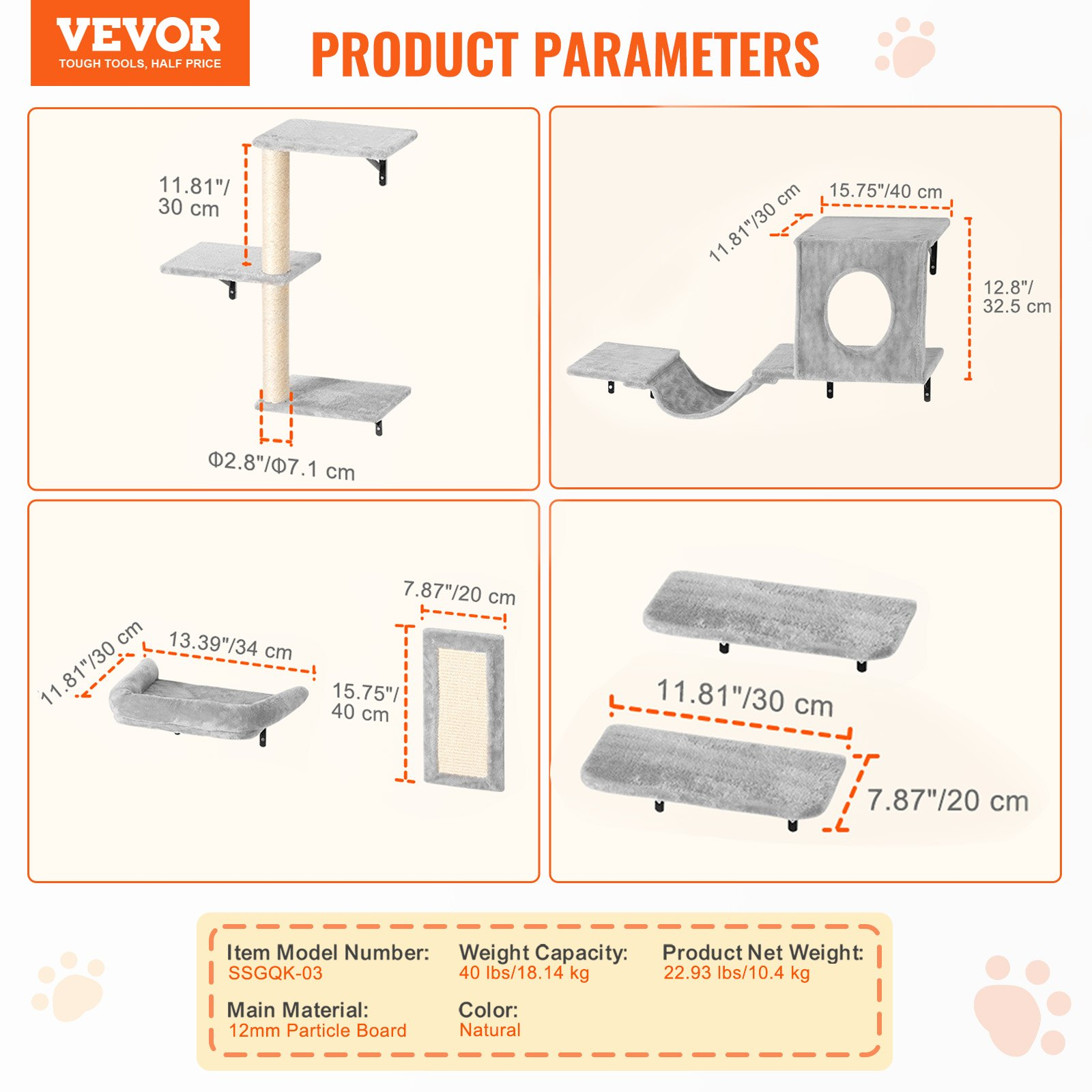 Wall Mounted Cat Shelves, Set of 6