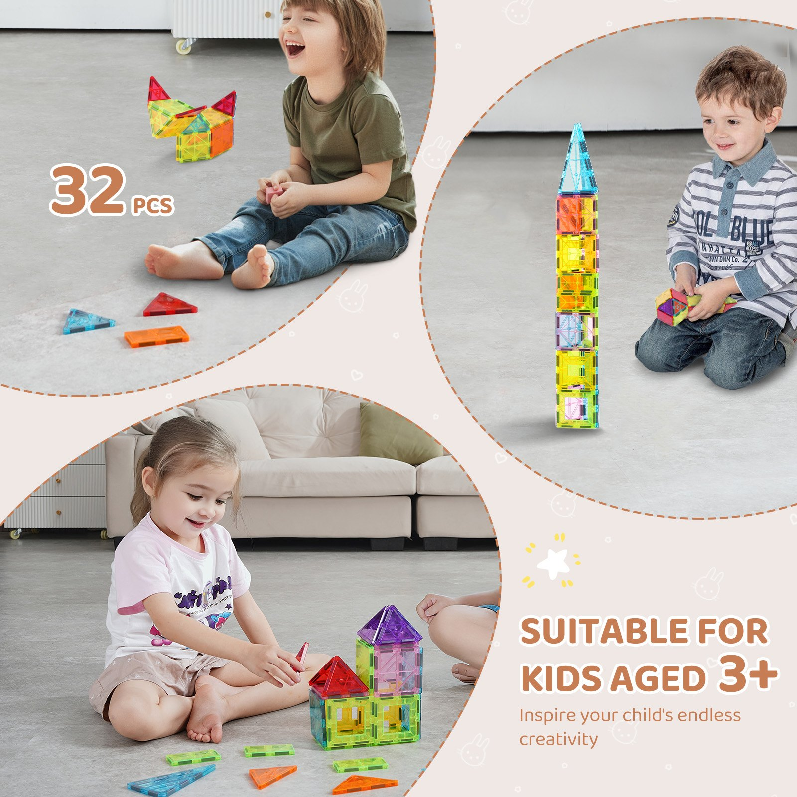 Azulejos magnéticos juguete de construcción magnético 32 piezas bloques magnéticos para niños conjunto 3D - Imagen 3 de 10