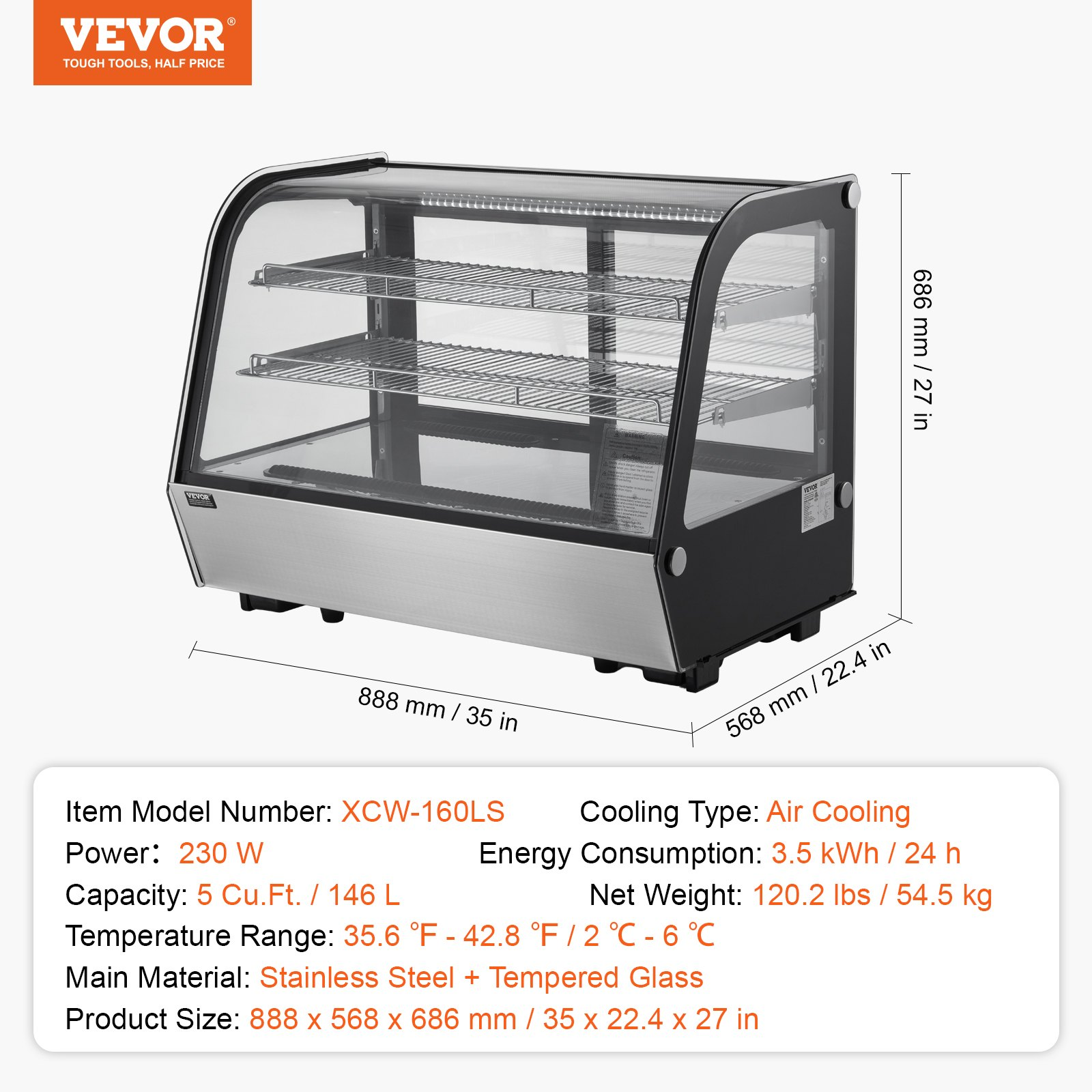 Refrigerated Display Case 5 Cu Ft 2 Tier Countertop Pastry Cooler