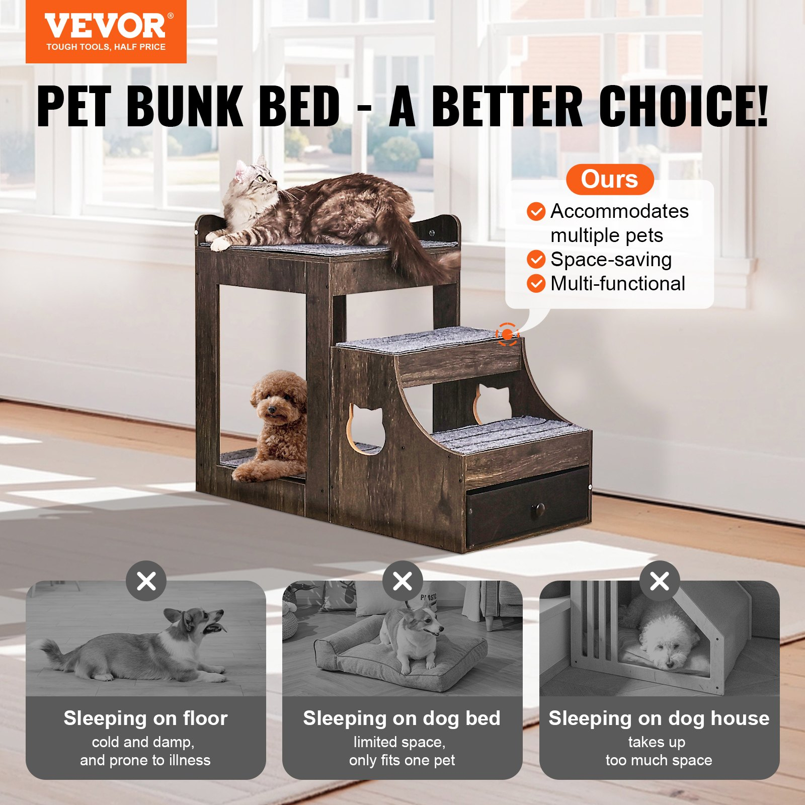 Gray Pet Bunk Bed with Stairs and Storage for Dogs and Cats-image