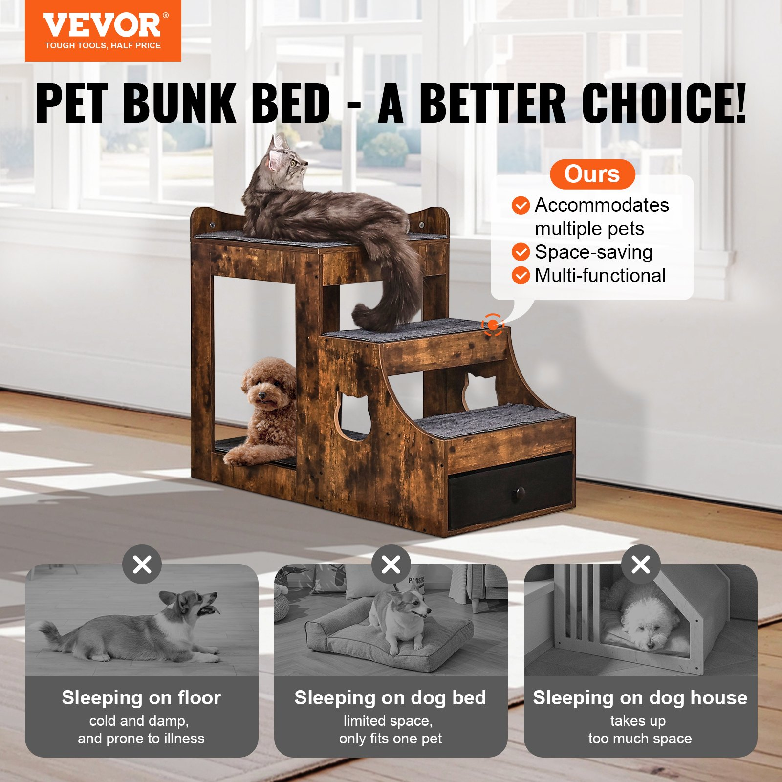 Brown Pet Bunk Bed with Stairs and Storage for Dogs and Cats-image