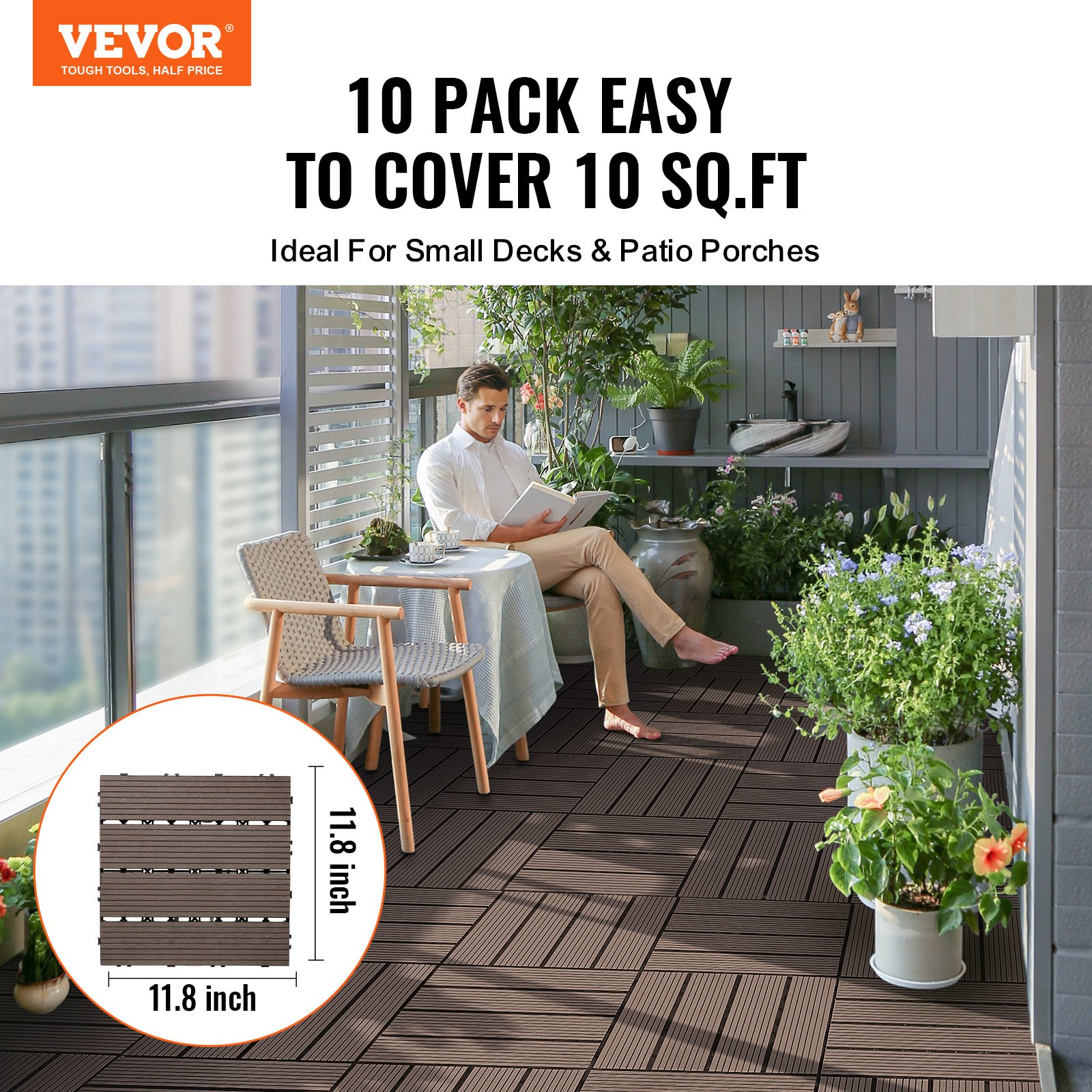 Interlocking Deck Tiles Plastic Wood 27 Pack 12″x12″ Waterproof for Porch