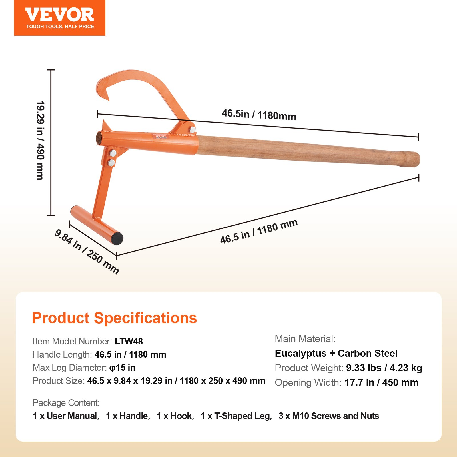 VEVOR Timberjack 46.5 in Heavy Duty Log Lifter Wooden Handle for Max 15" Dia Log