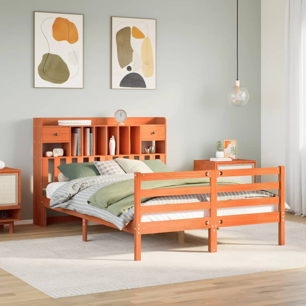 vidaXL Bookcase Bed without Mattress Wax Brown 140x200cm Solid Wood Pine