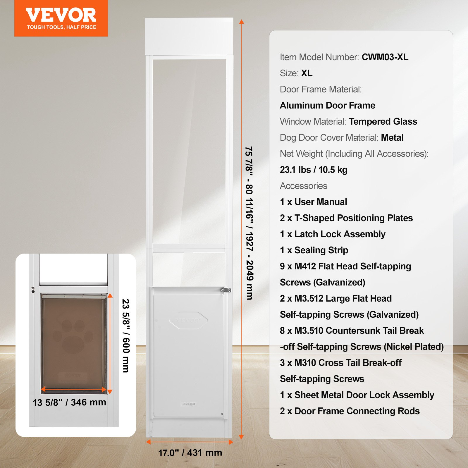 Dog Door for Sliding Glass Door 75 7/8"-80 11/16" Adjustable Height XL - Picture 6 of 10