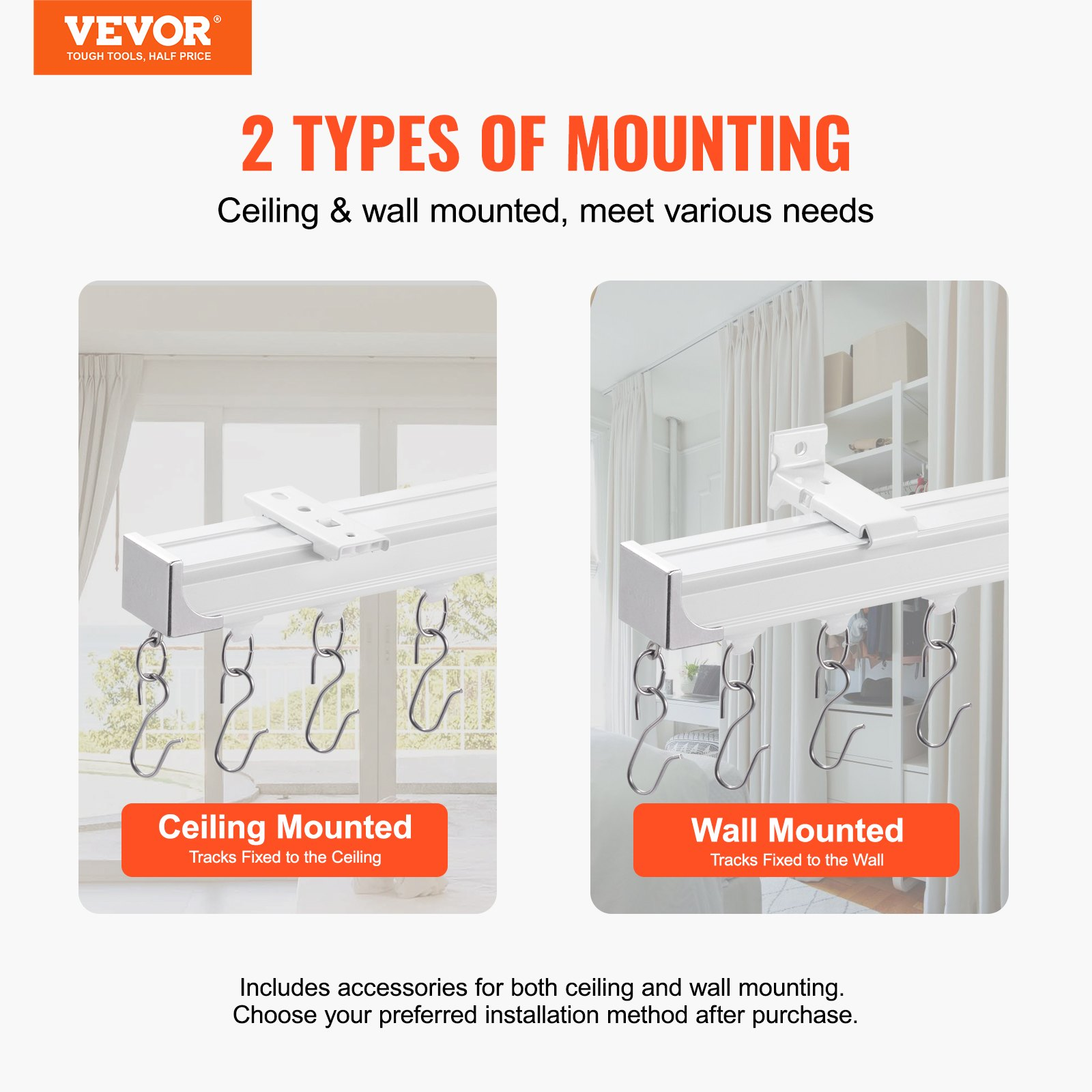 VEVOR Ceiling Curtain Track Set 5.9 FT/1.8 Meter Room Divider with Hooks White