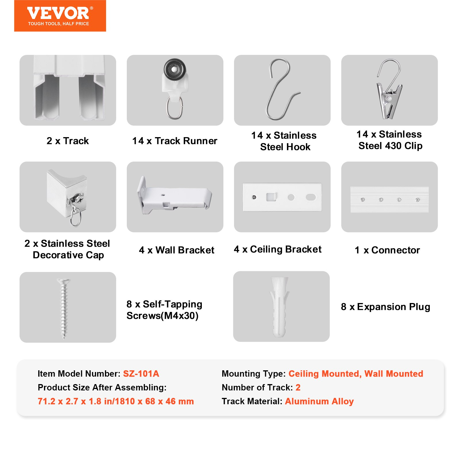 VEVOR Ceiling Curtain Track Set 5.9 FT/1.8 Meter Room Divider with Hooks White