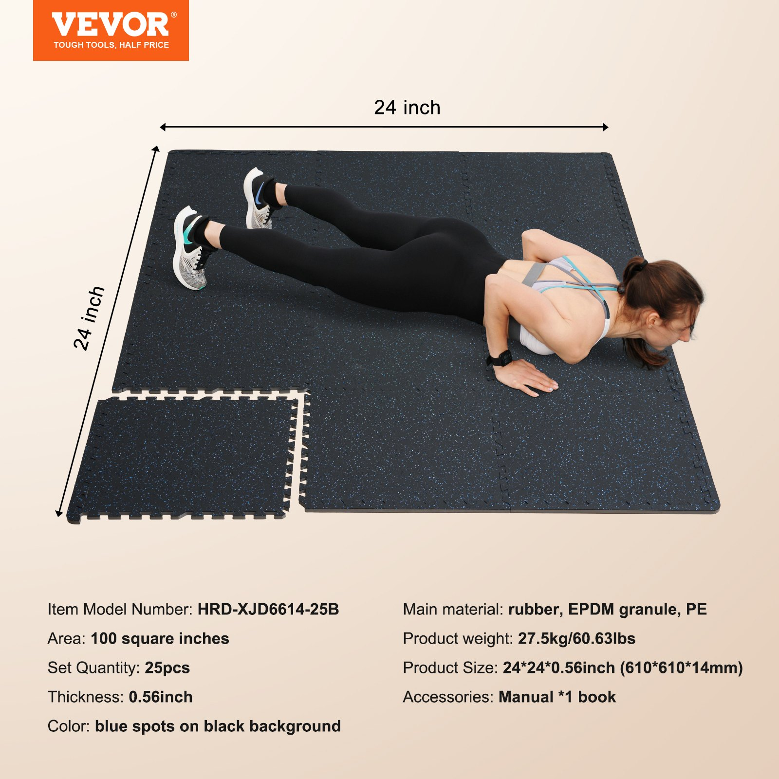 25 PCS Thick Gym Floor Mats 0.56", 24"x24" EVA Foam & Rubber, 100 sq.ft Coverage - Picture 7 of 12