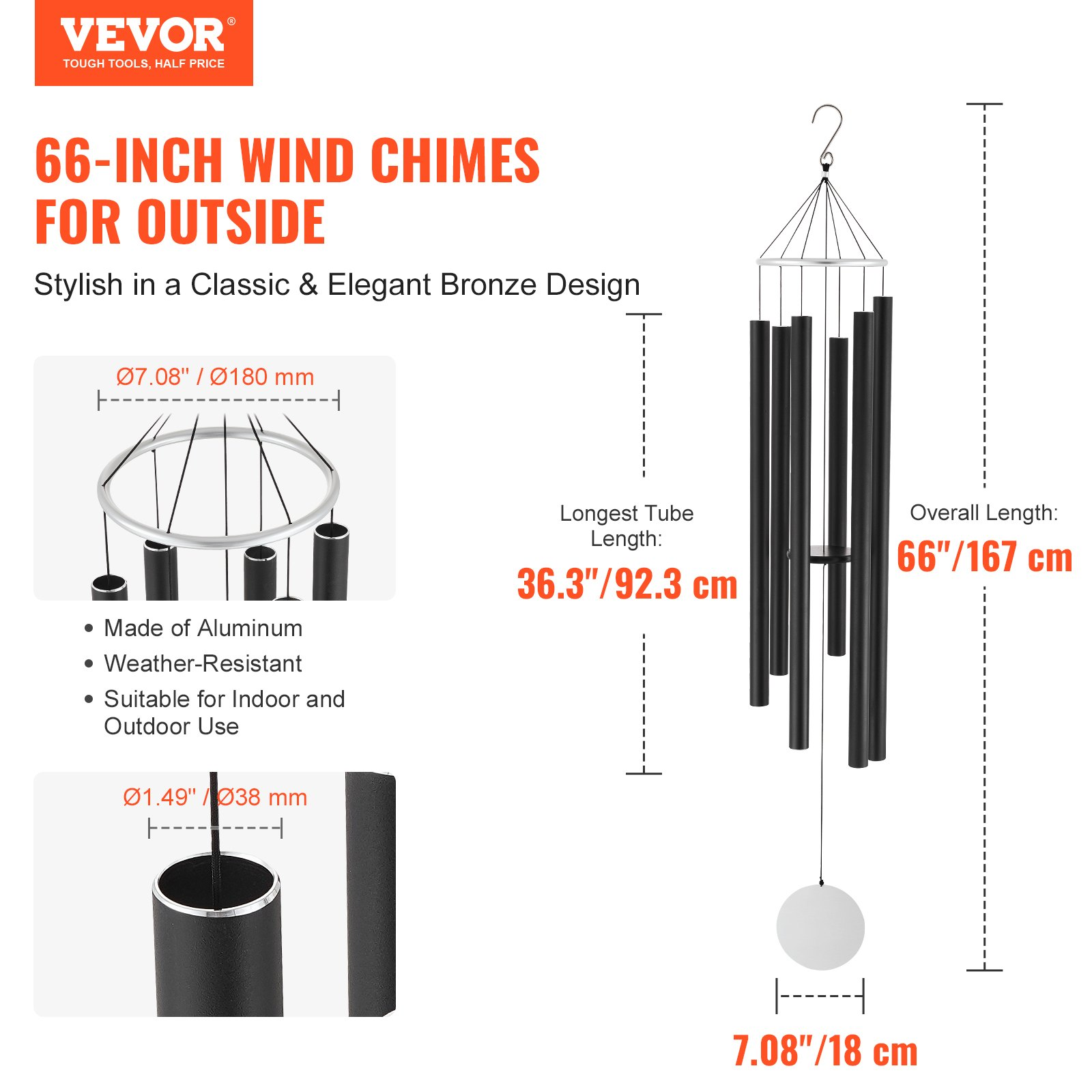Memorial Gift VEVOR 41-Inch Deep Tone - Outdoor Garden Decor With 6  Aluminum Tubes Wind Chimes