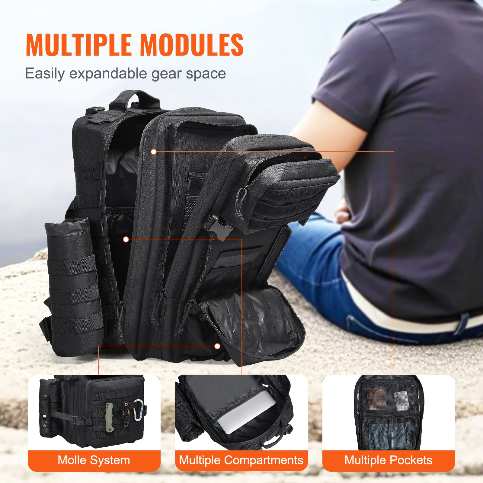 Taktischer Rucksack 45L Militärrucksack mit Molle Modus & 3 Fächern, Militär - Bild 4 von 10
