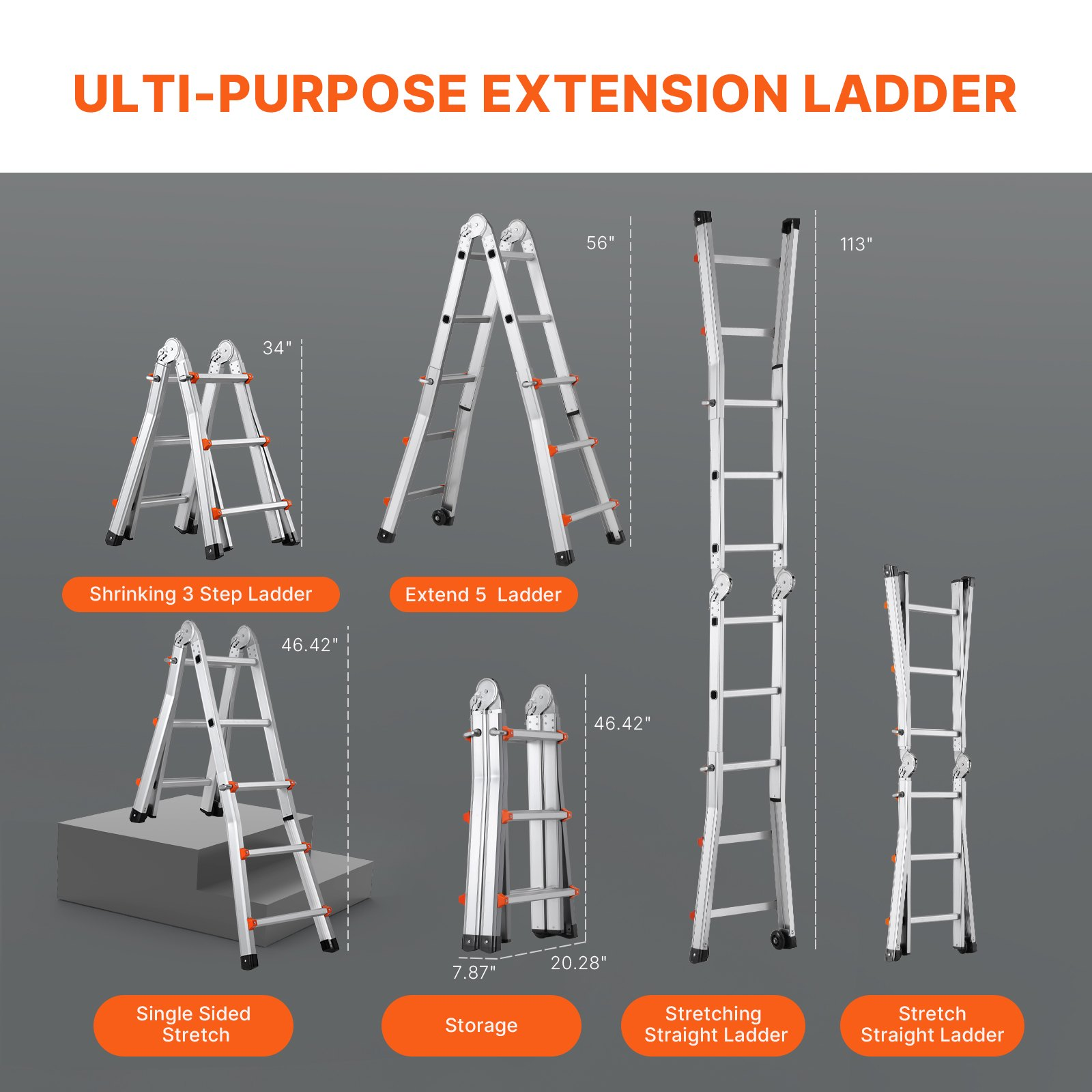 VEVOR 9.5 FT Telescoping A-Frame Ladder - Multi-Function, Heavy-Duty, Safe and N