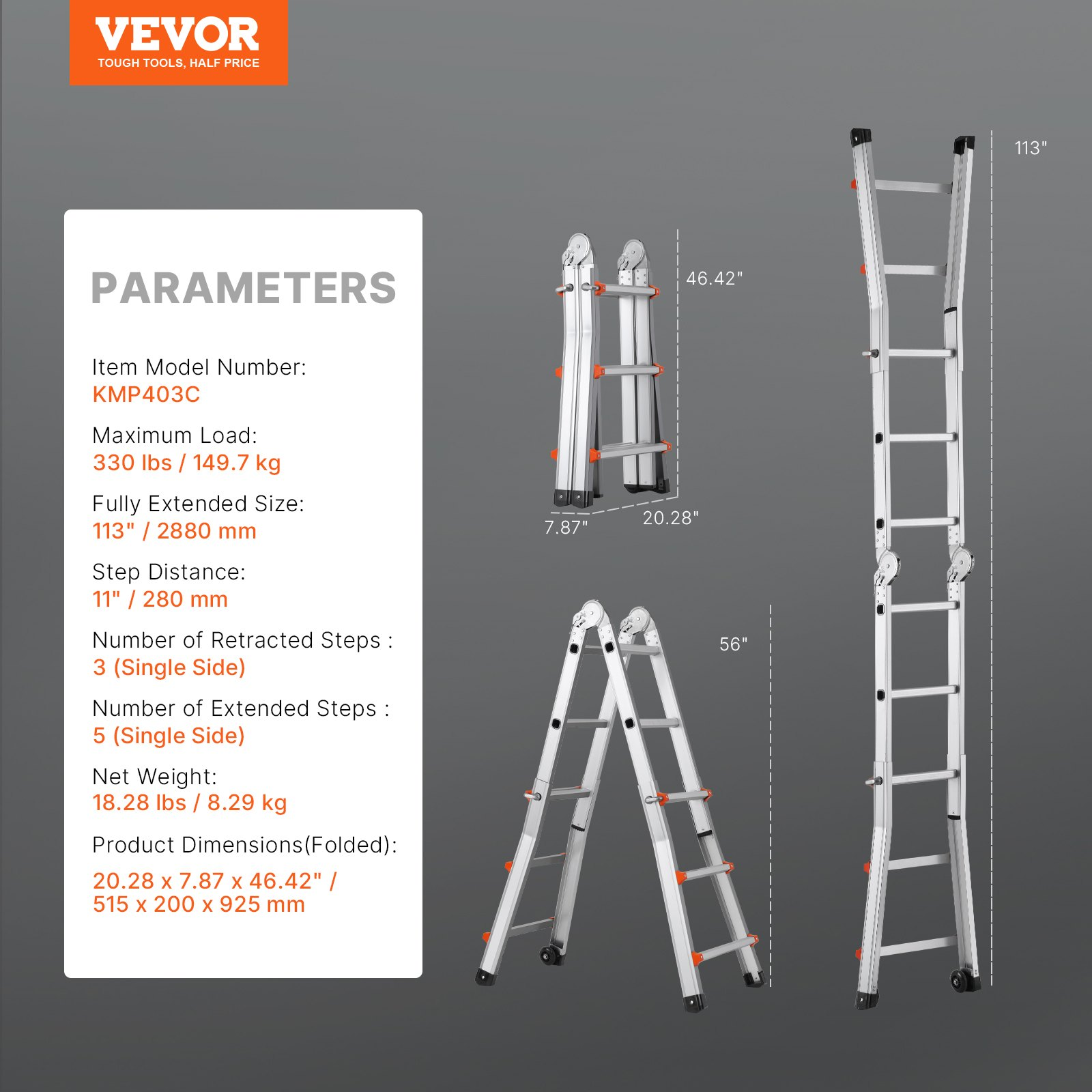 VEVOR 9.5 FT Telescoping A-Frame Ladder - Multi-Function, Heavy-Duty, Safe and N