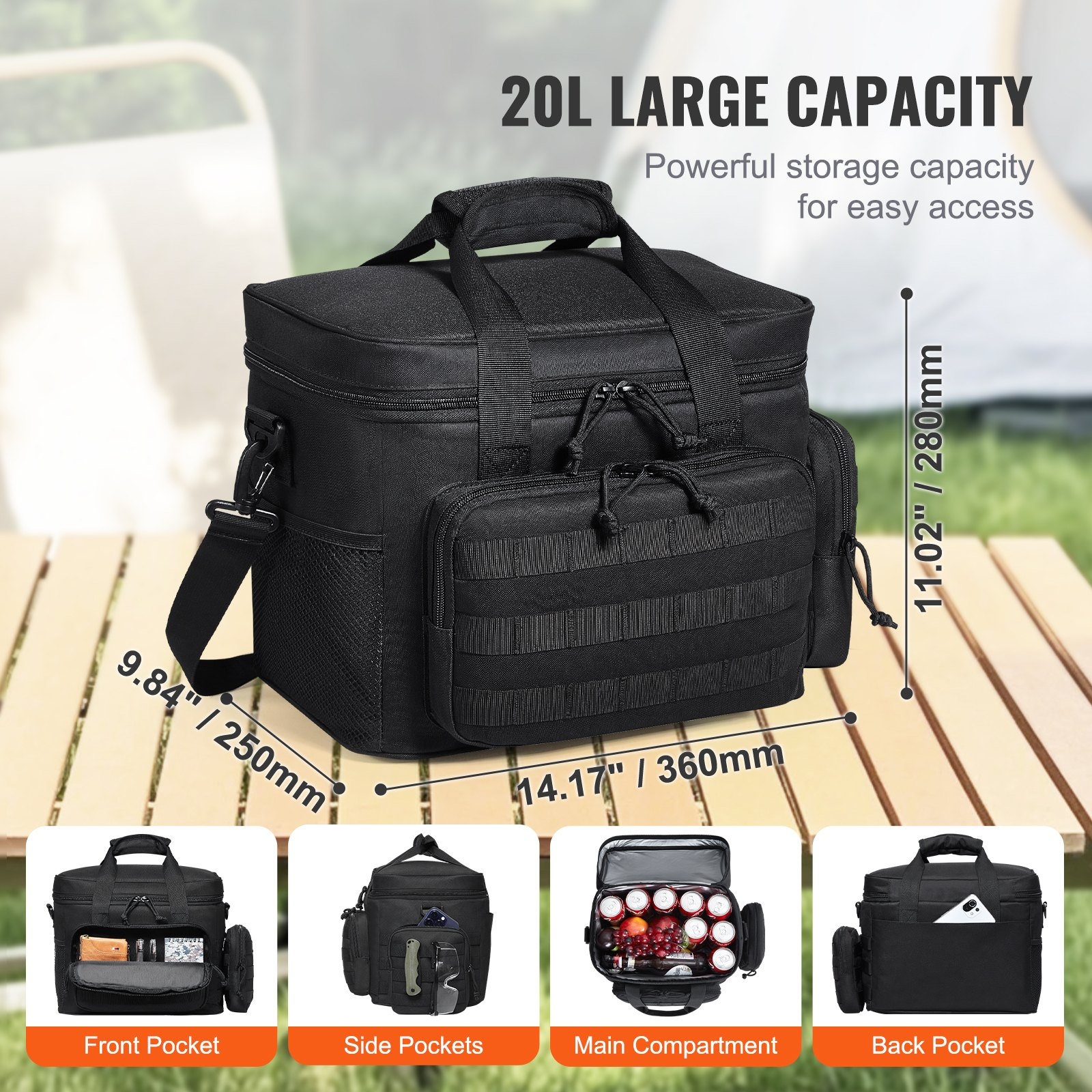 20L Insulated Cooler Bag with MOLLE Design, Multi-Pocket, Black