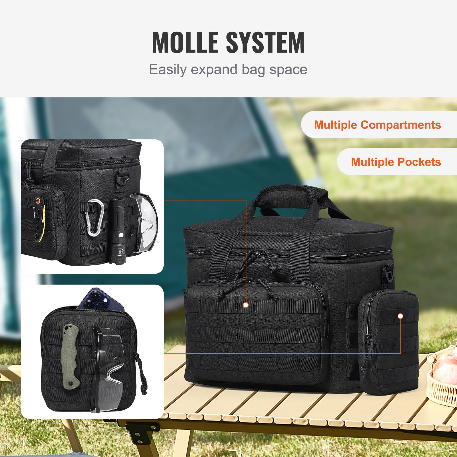 20L Insulated Cooler Bag with MOLLE Design, Multi-Pocket, Black