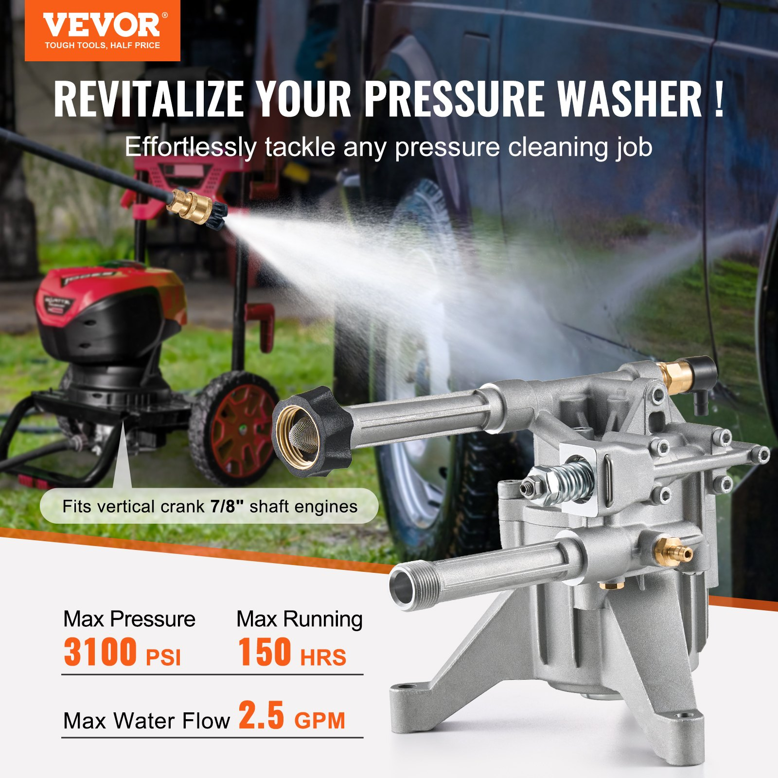 Pressure Washer Pump 7/8″ Shaft Vertical 3100 PSI 2.5GPM with 5 Nozzles