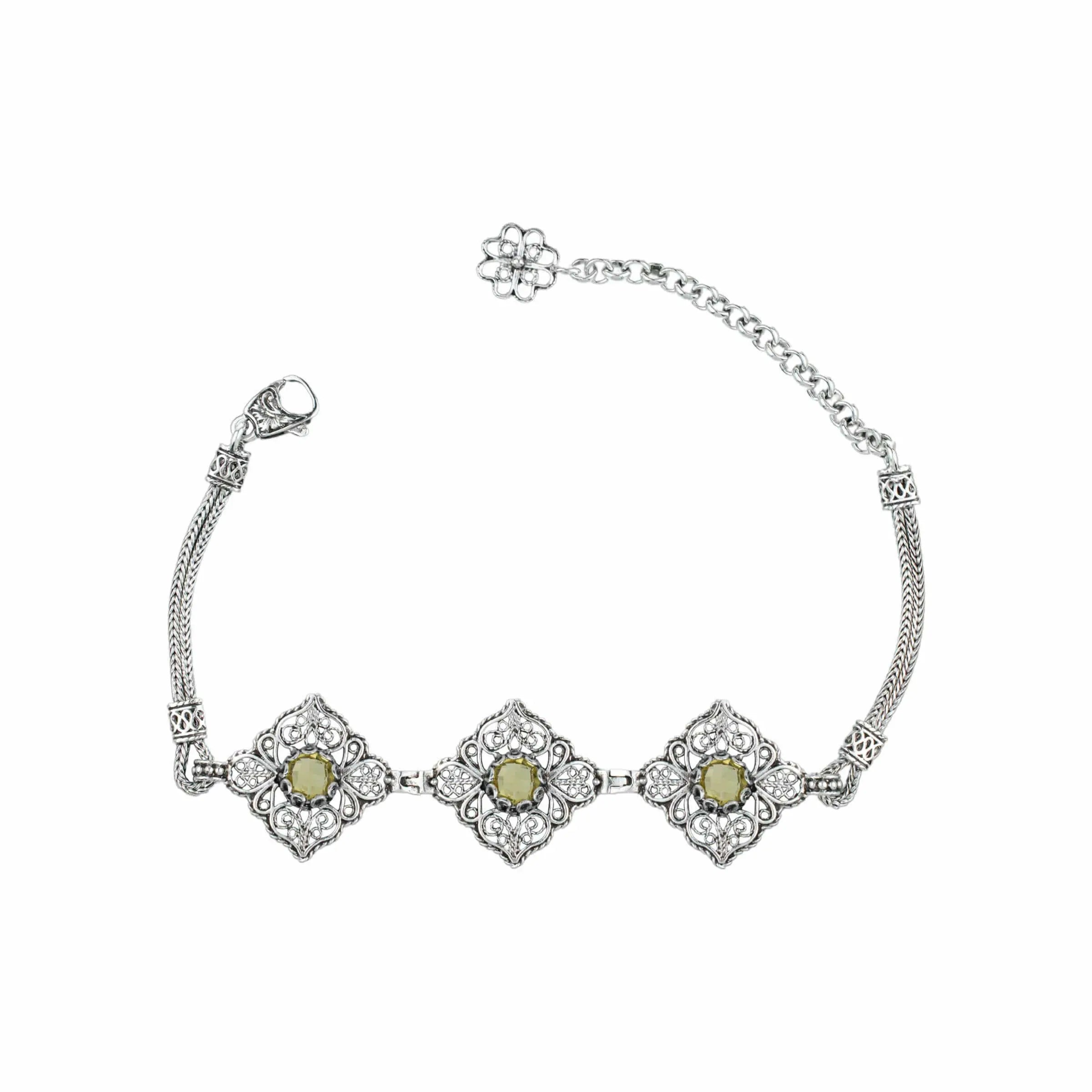 Elegant Adjustable Silver Link Bracelet with Filigree Art Citrine Gemstone for Women