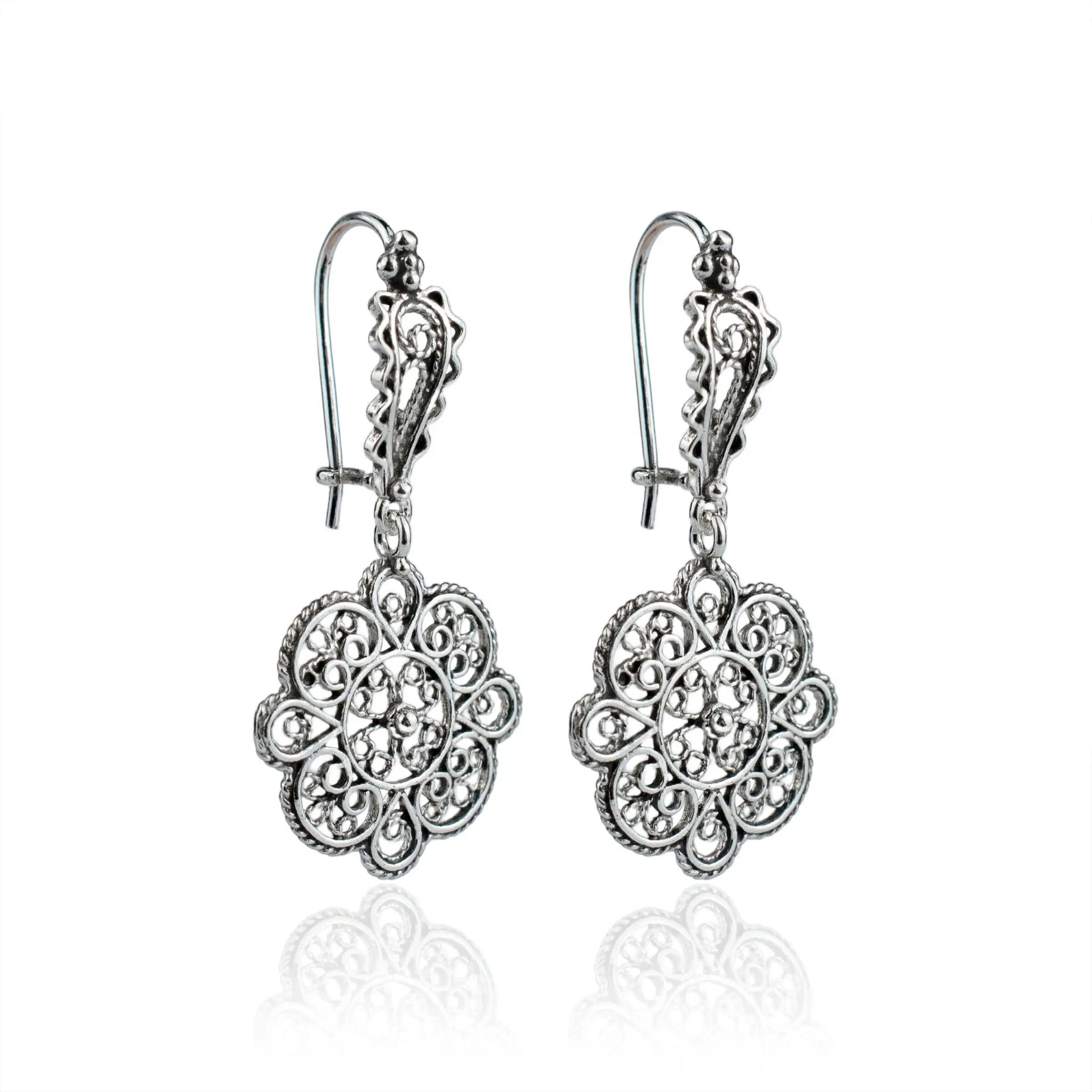 Sterling Silver Filigree Art Sun Figured Women Dangle Drop Earrings