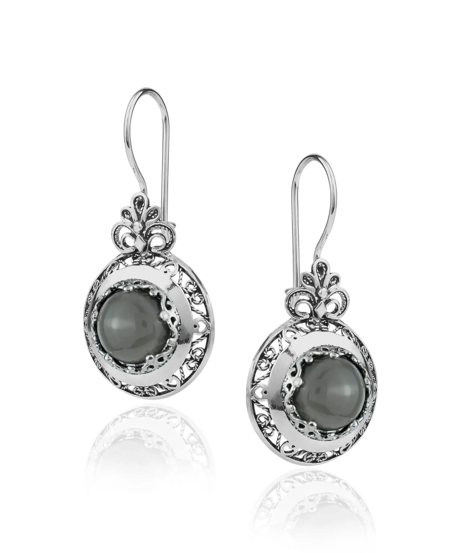 Filigree Art Gray Moonstone Floral Silver Drop Earrings for Women