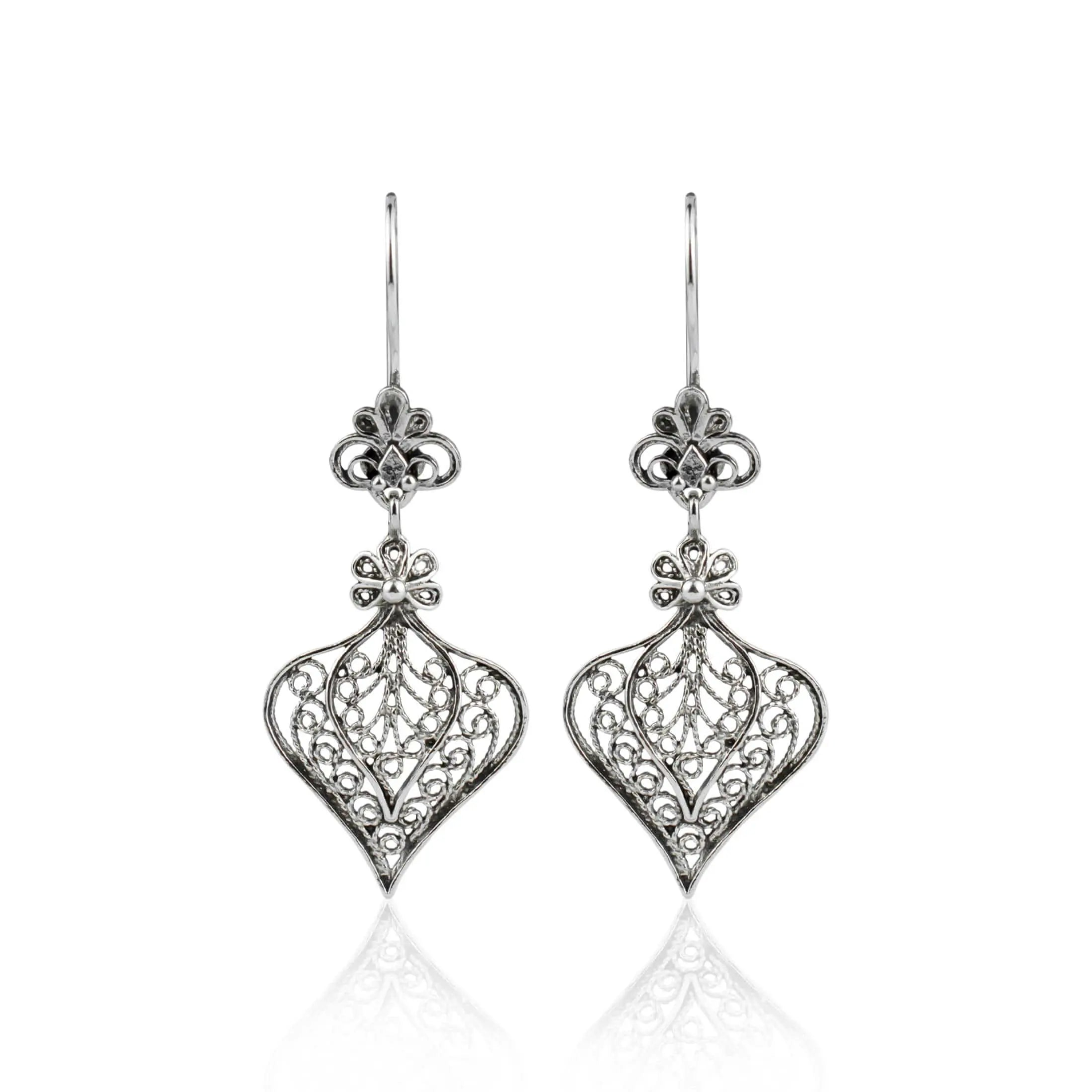 Filigree Heart Sterling Silver Dangle Drop Earrings for Women