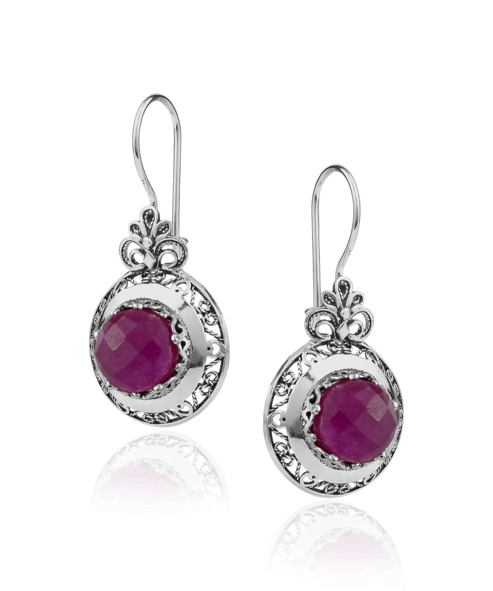 Filigree Art Ruby Corundum Gemstone Floral Design Women Silver Drop Earrings