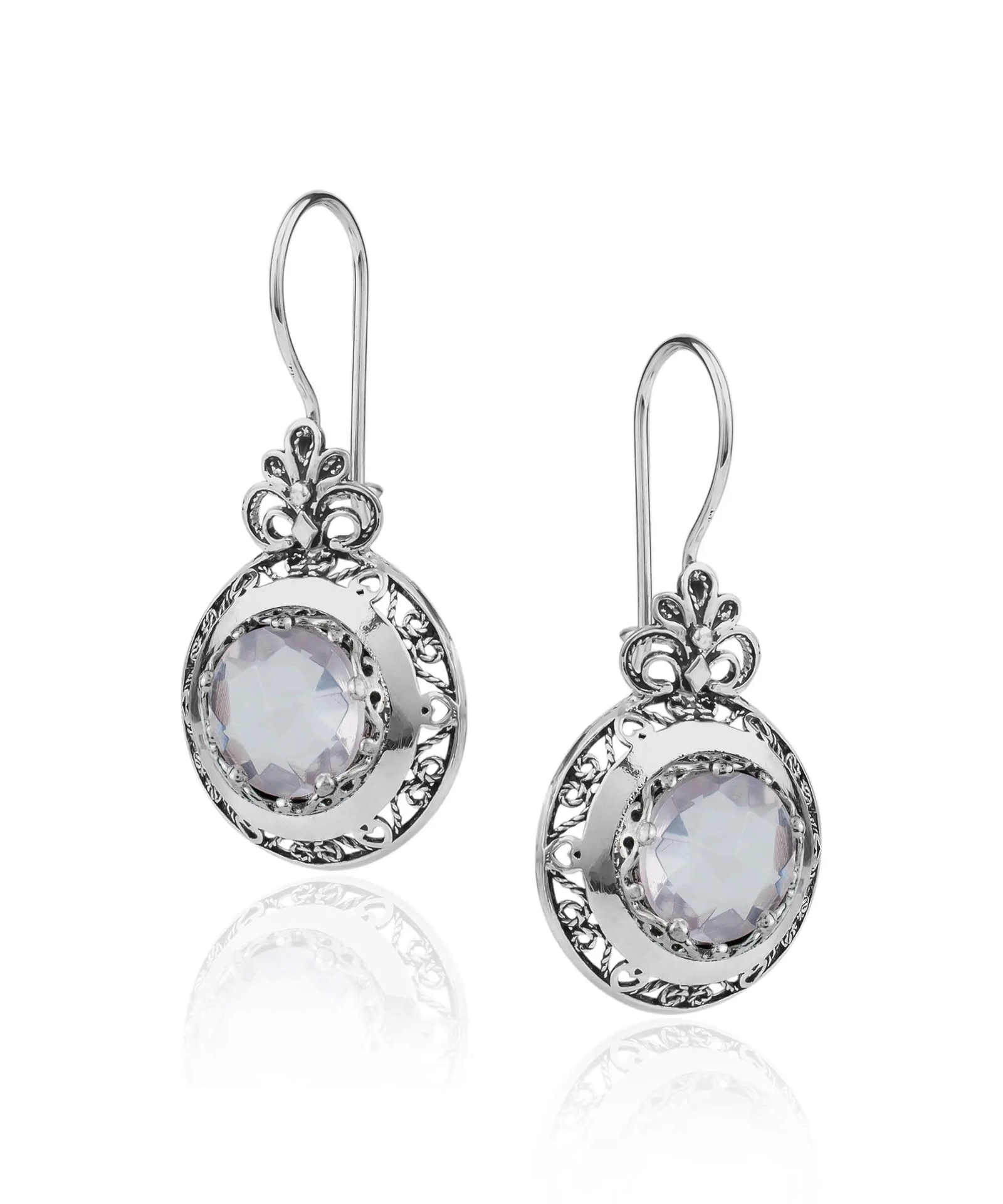 Filigree Art Rose Quartz Gemstone Floral Design Women Silver Drop Earrings