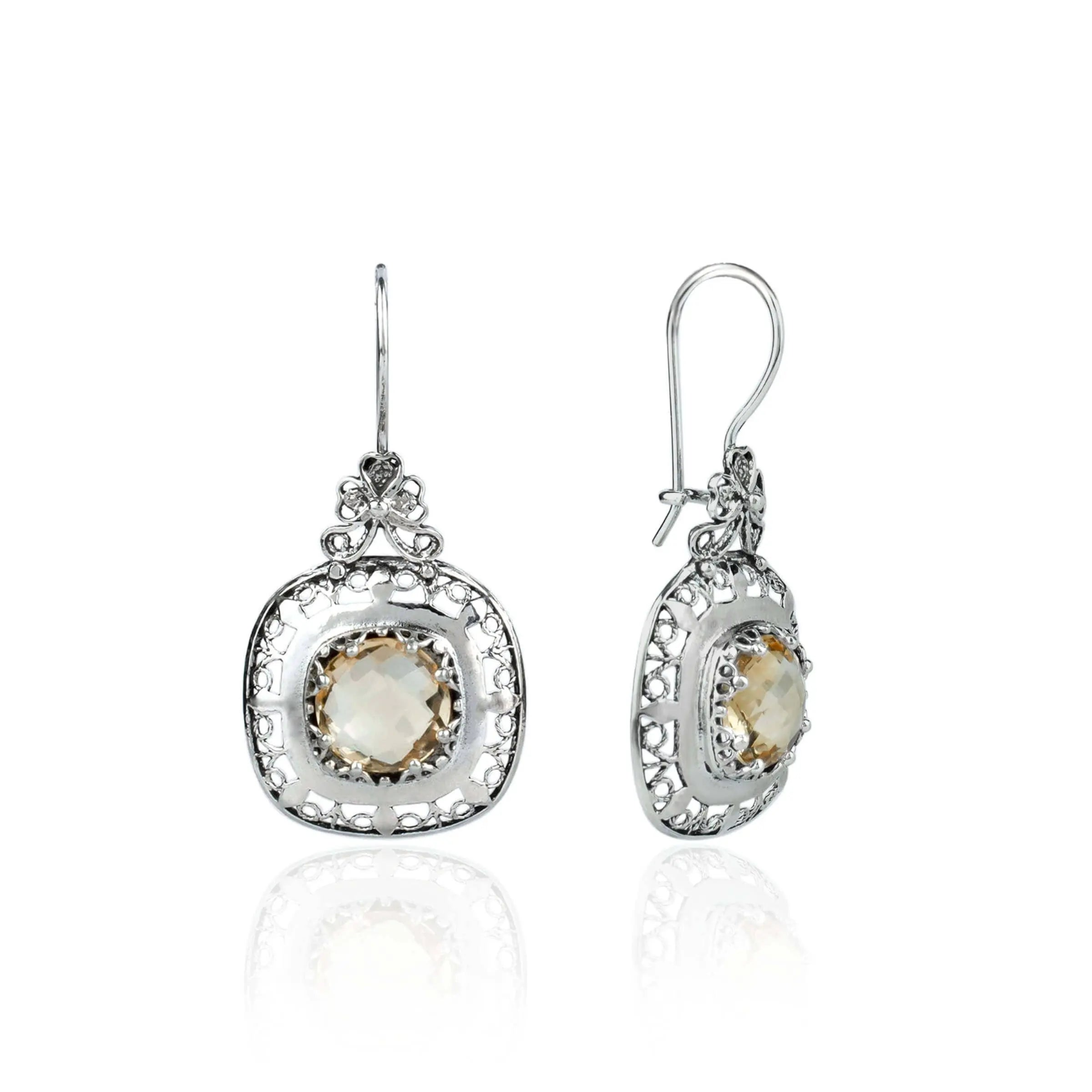 Exquisite Filigree Citrine Gemstone Silver Drop Earrings for Women