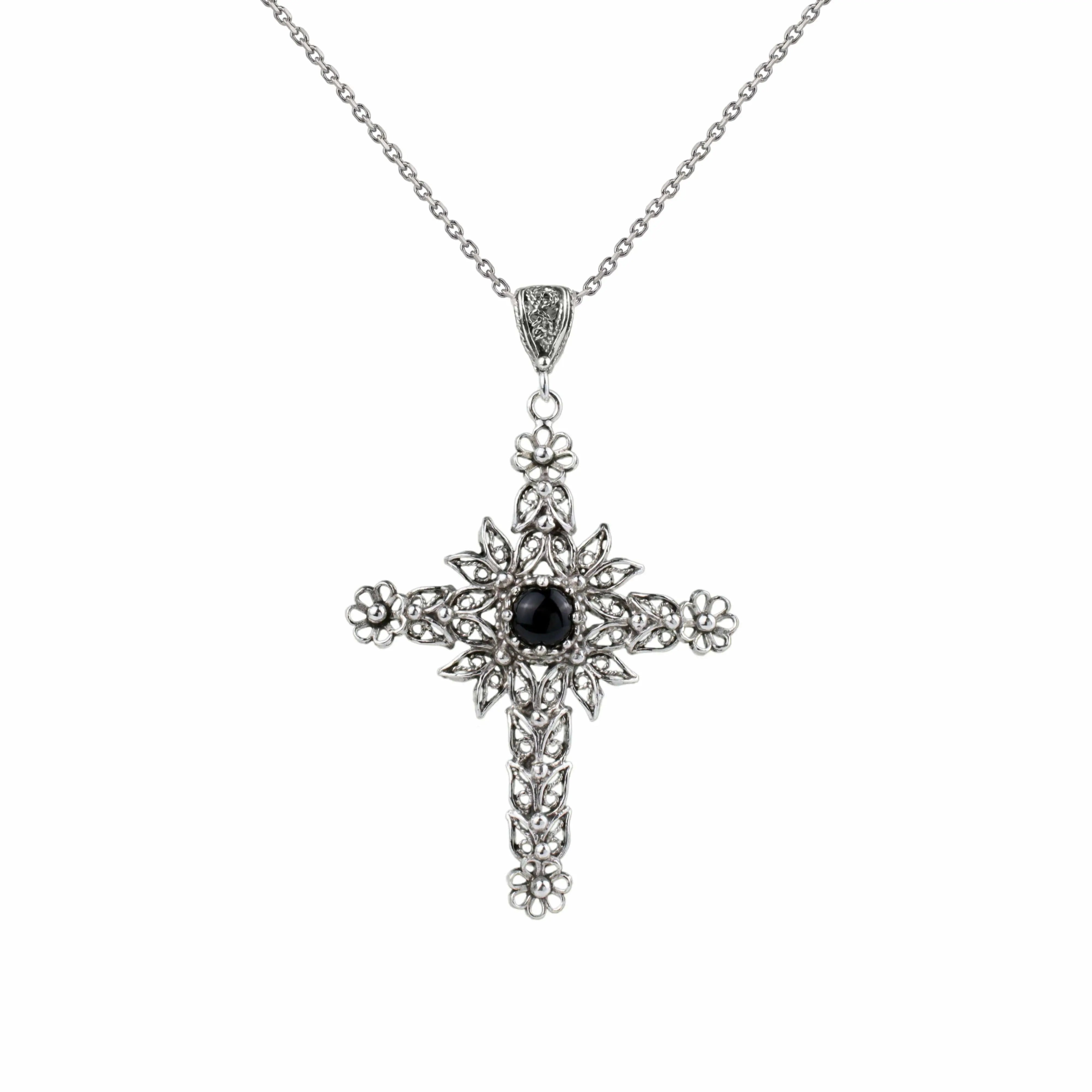 Elegant Black Onyx Filigree Silver Cross Pendant Necklace for Women