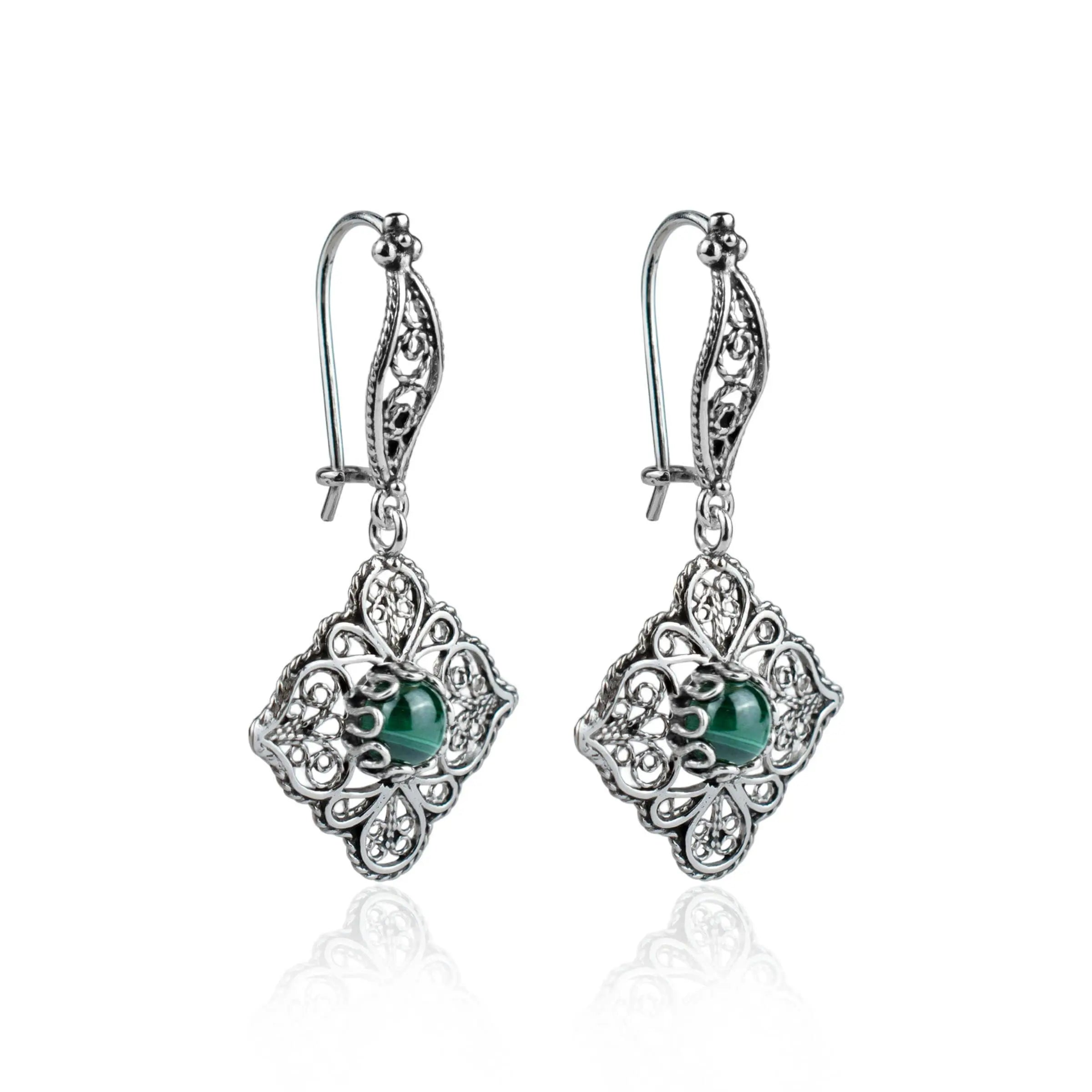 Sterling Silver Filigree Art Dangle Drop Earrings with Malachite Gemstone for Women