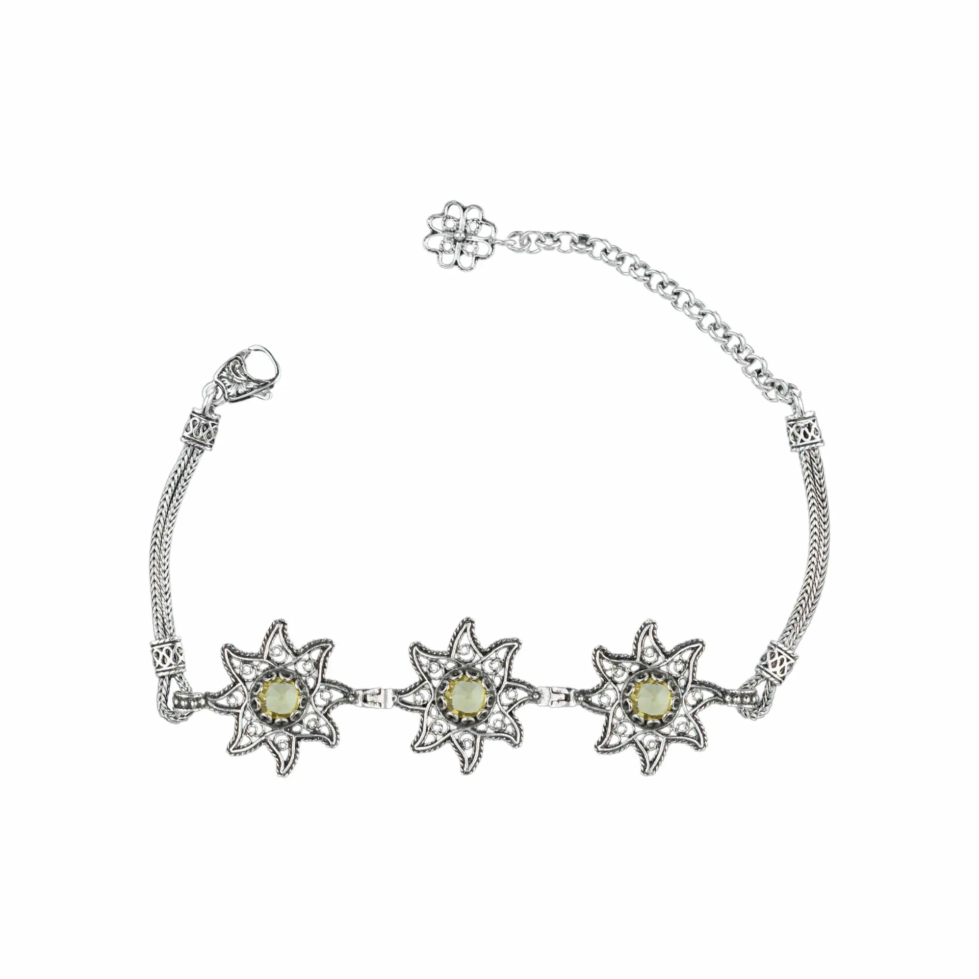 Filigree Citrine Gemstone Star Silver Link Bracelet for Women  
