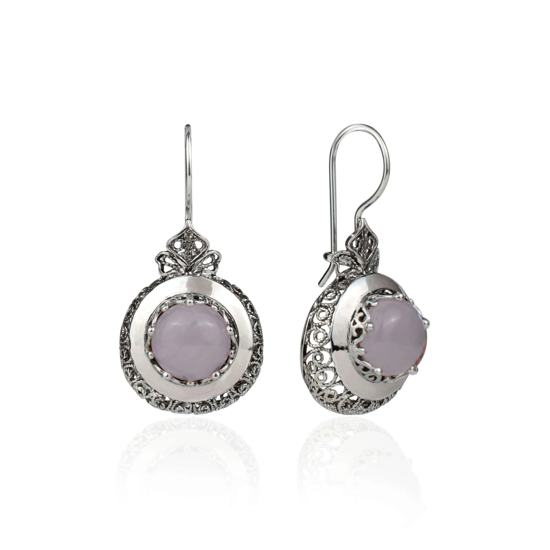 Sterling Silver Filigree Art Rose Quartz Gemstone Drop Earrings