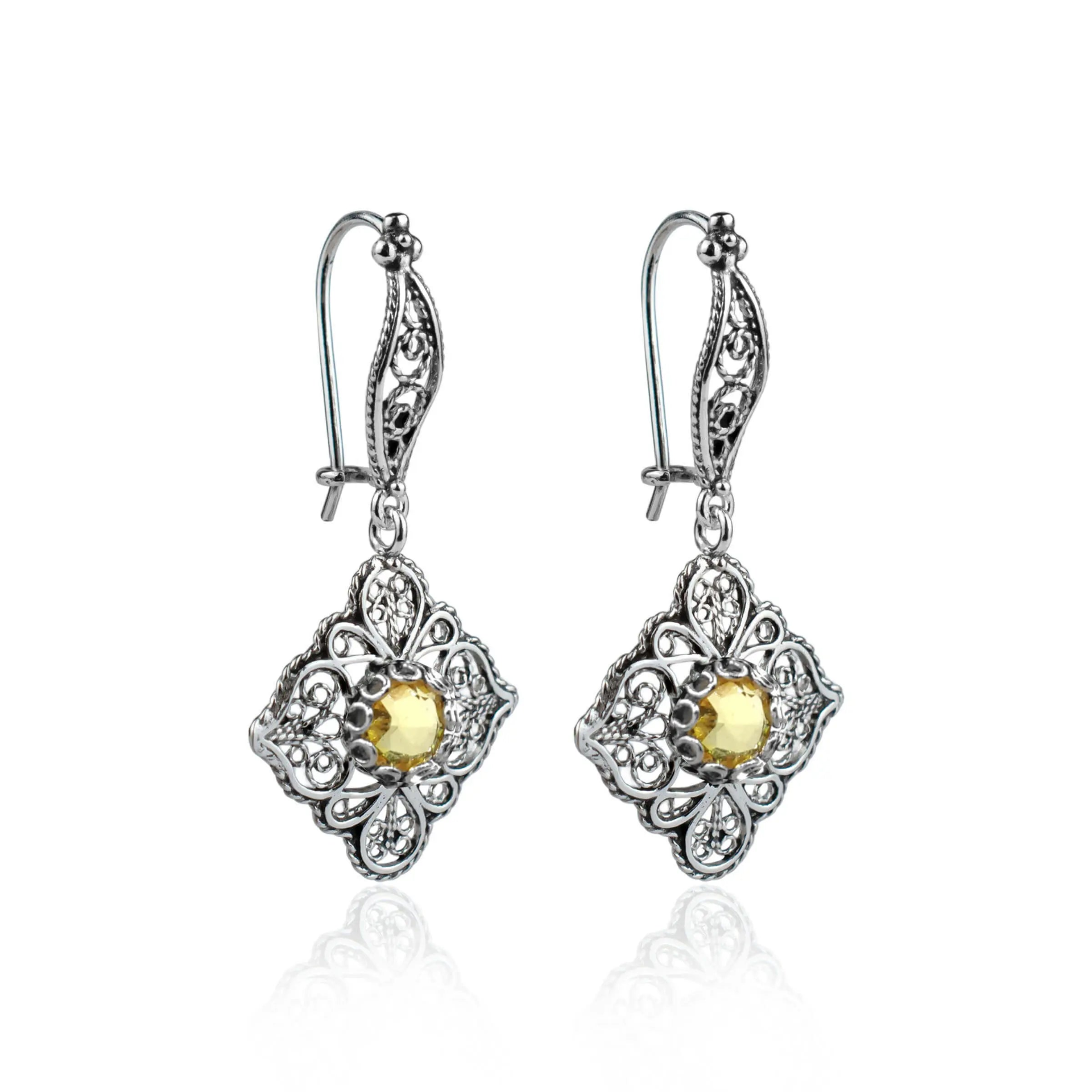 Sterling Silver Filigree Art Citrine Gemstone Women Dangle Drop Earrings
