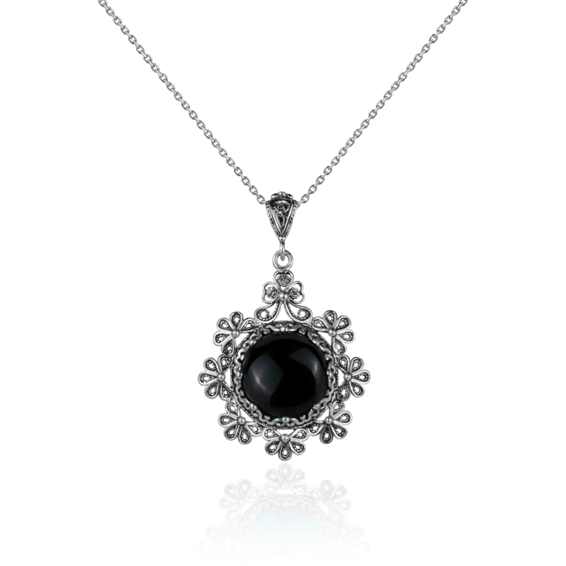 Filigree Art Black Onyx Gemstone Floral Design Women Silver Pendant Necklace