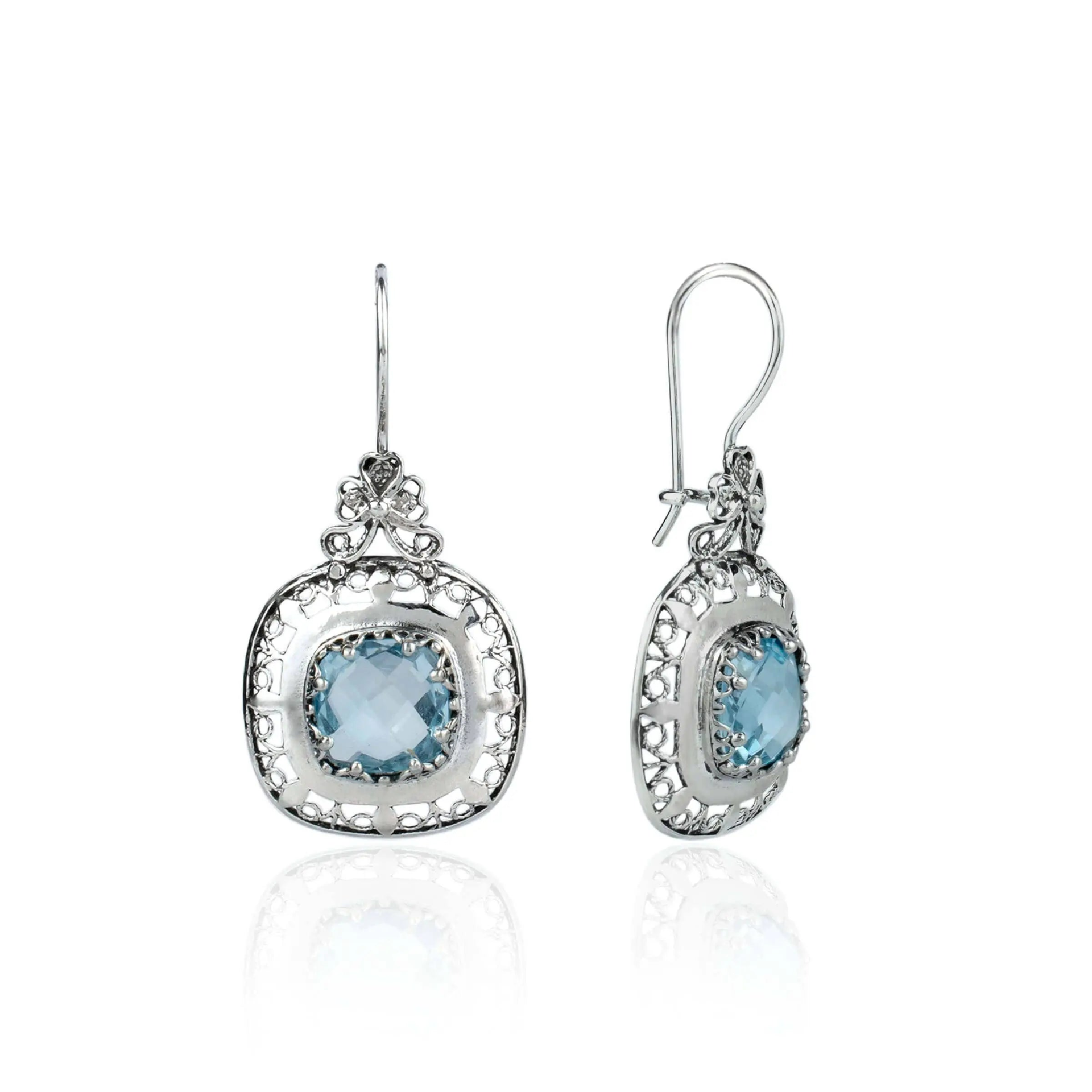 Filigree Art Blue Topaz Gemstone Women Silver Drop Earrings