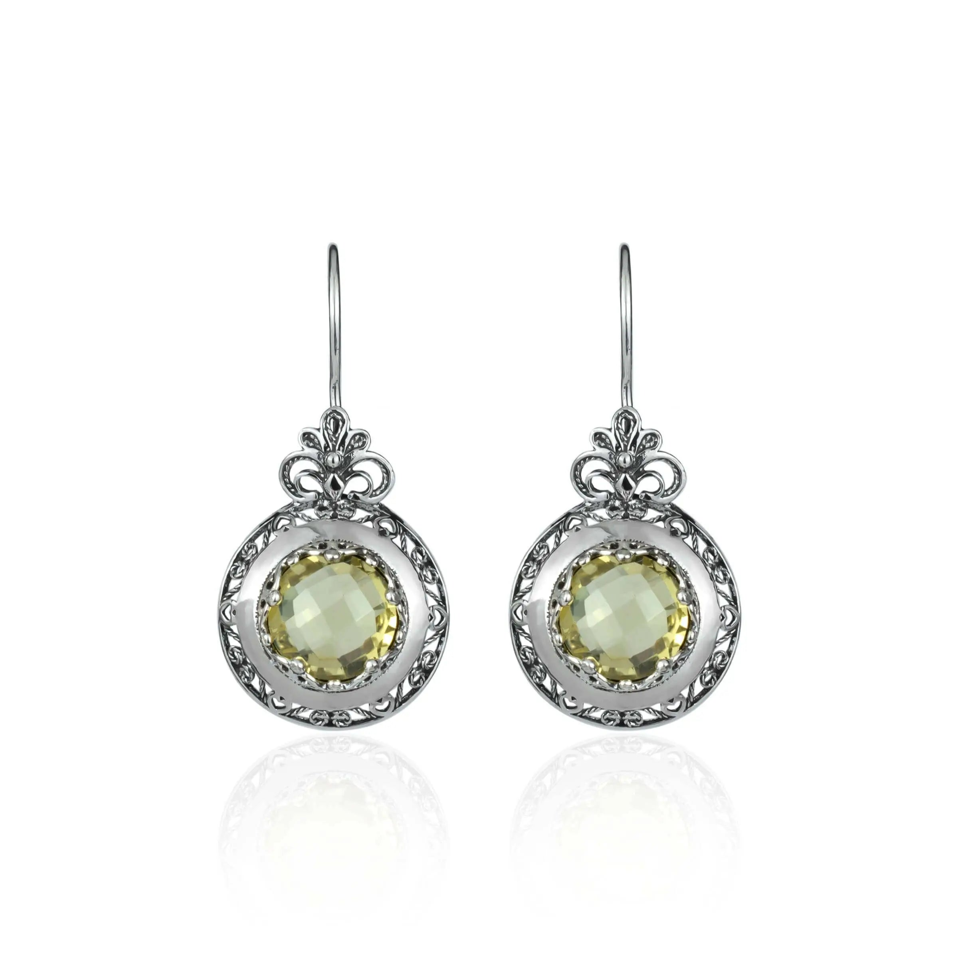 Filigree Lemon Quartz Floral Silver Drop Earrings for Women