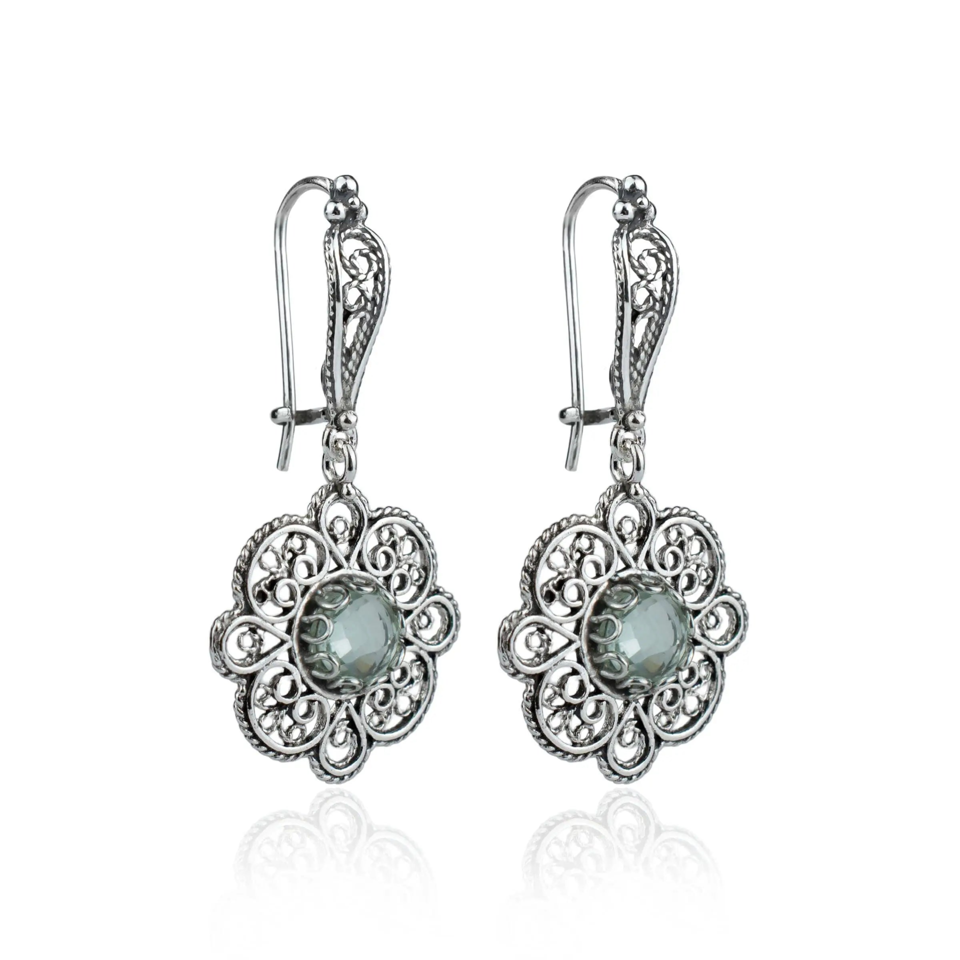Sterling Silver Filigree Art Prasiolite Gemstone Women Dangle Drop Earrings