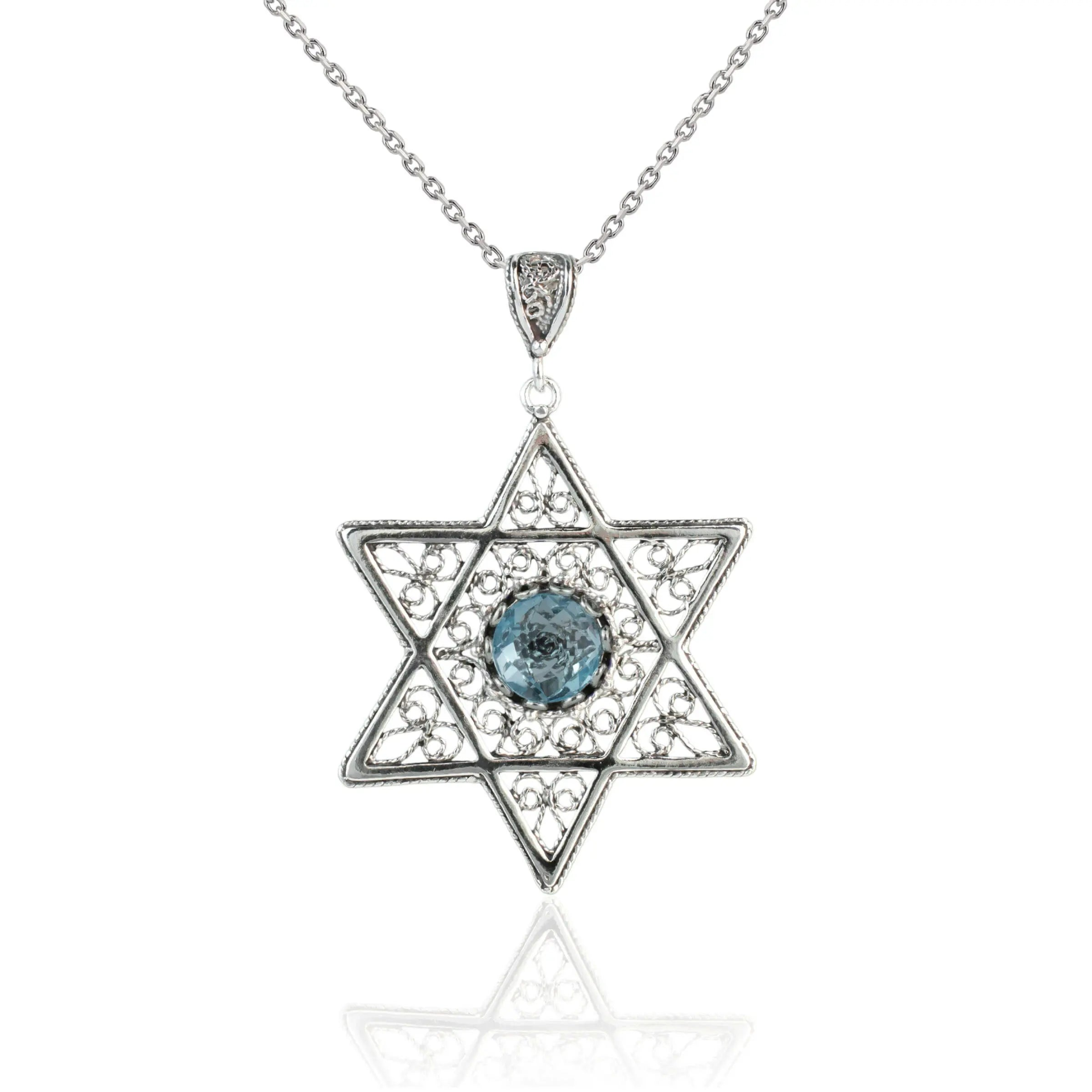 Filigree Art Blue Topaz Gemstone Star of David Women Silver Pendant Necklace
