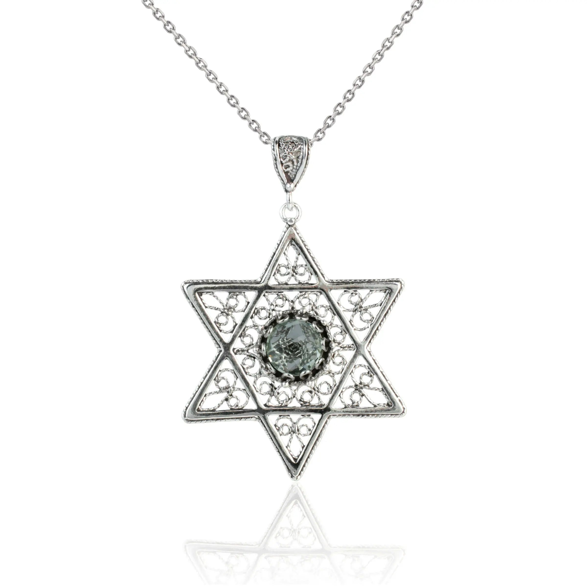 Filigree Art Prasiolite Gemstone Star of David Women Silver Pendant Necklace
