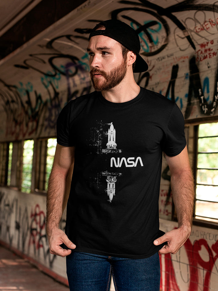 Space NASA White Mirror Rocket Men's T-shirt - Picture 2 of 10