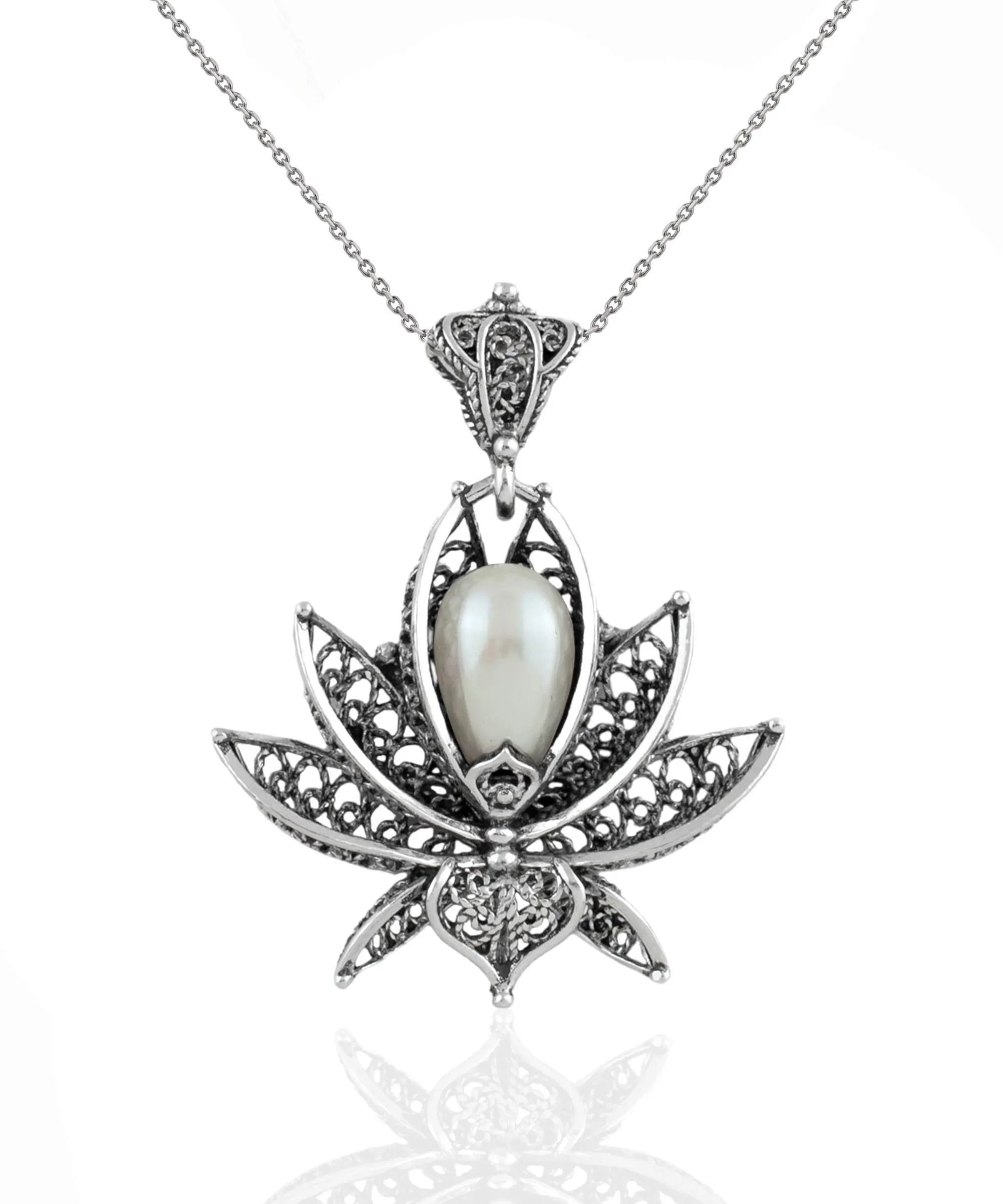Filigree Art Pearl Gemstone 3D Lotus Flower Women Silver Pendant ...