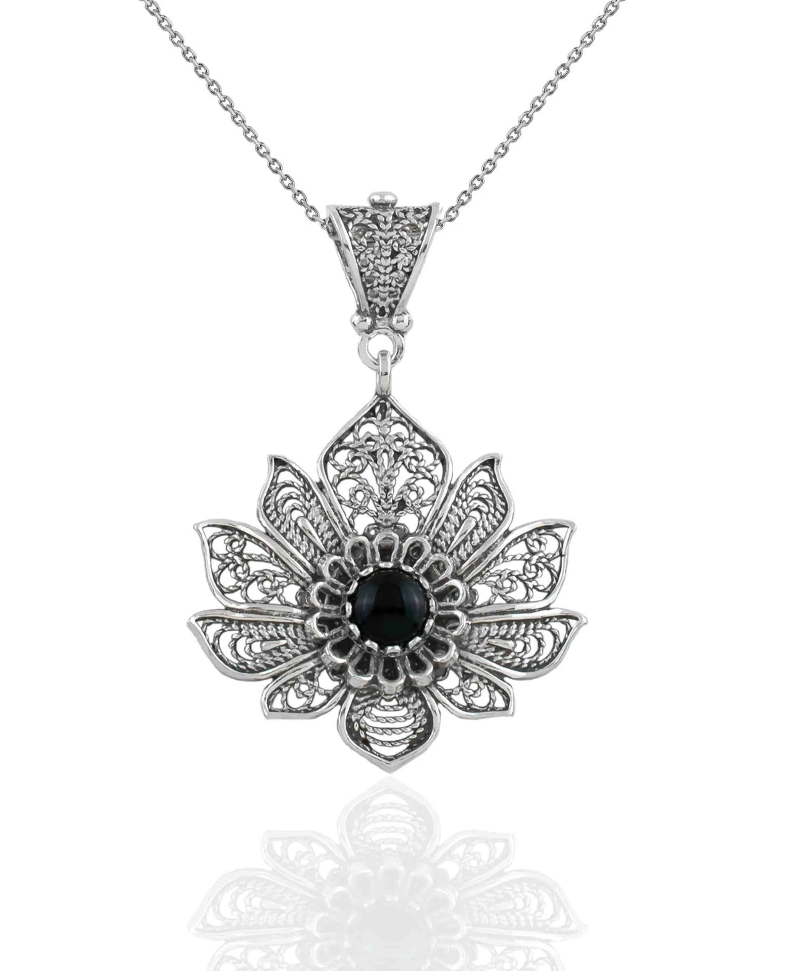 Filigree Silver Lotus Pendant with Black Onyx for Women Necklace