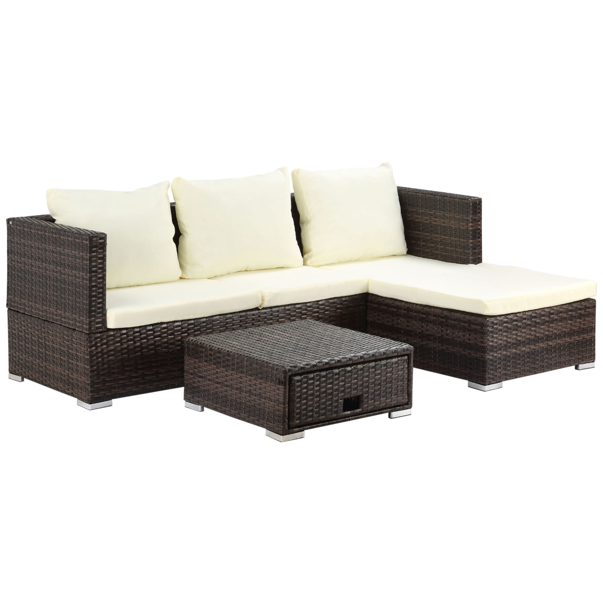 Outsunny 3PC Rattan Garden Furniture Storage Sofa Set 4 Seater Wicker Coffee Tab