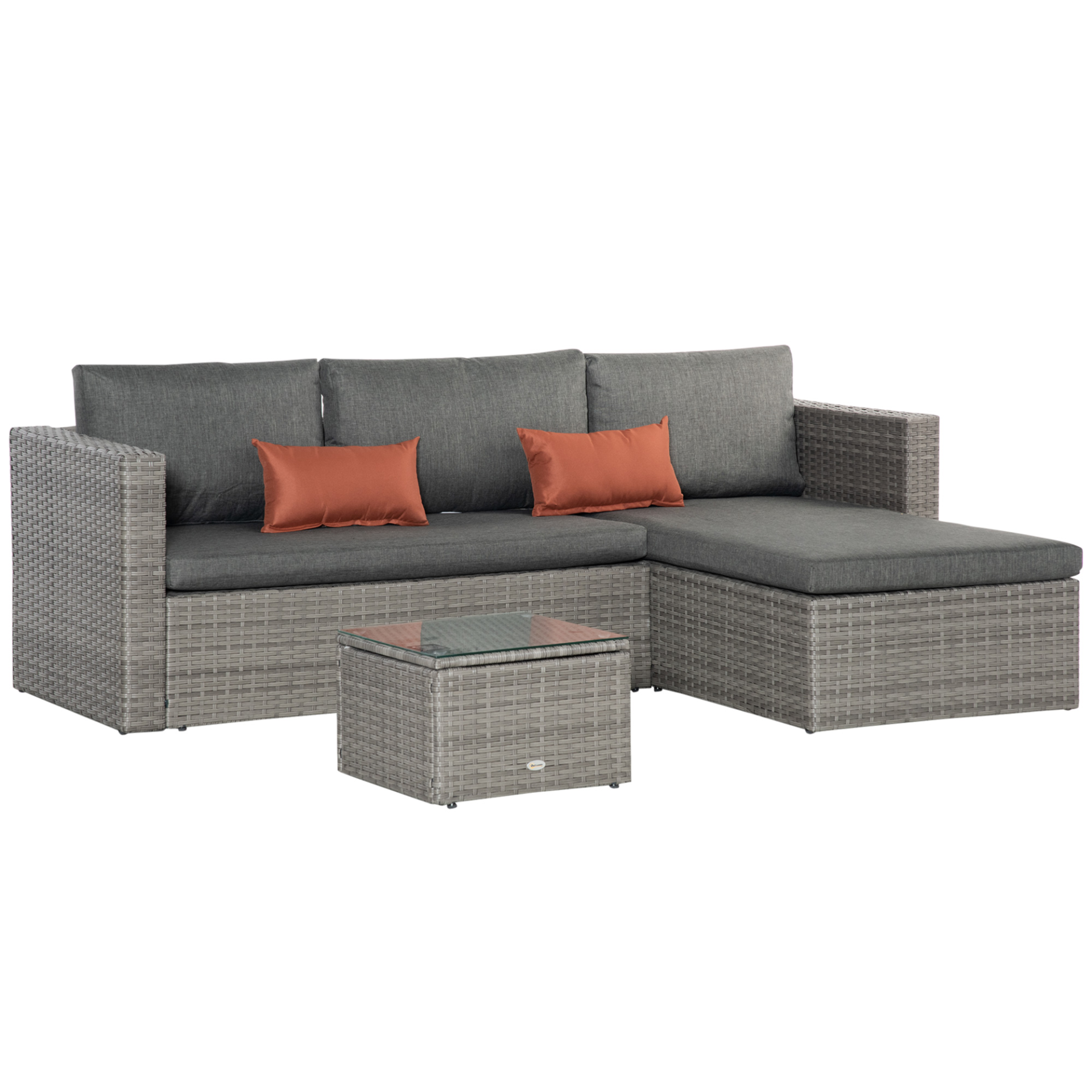 3 Pieces Outdoor Rattan Corner Sofa Set Tempered Glass Table-top & Soft Cushions
