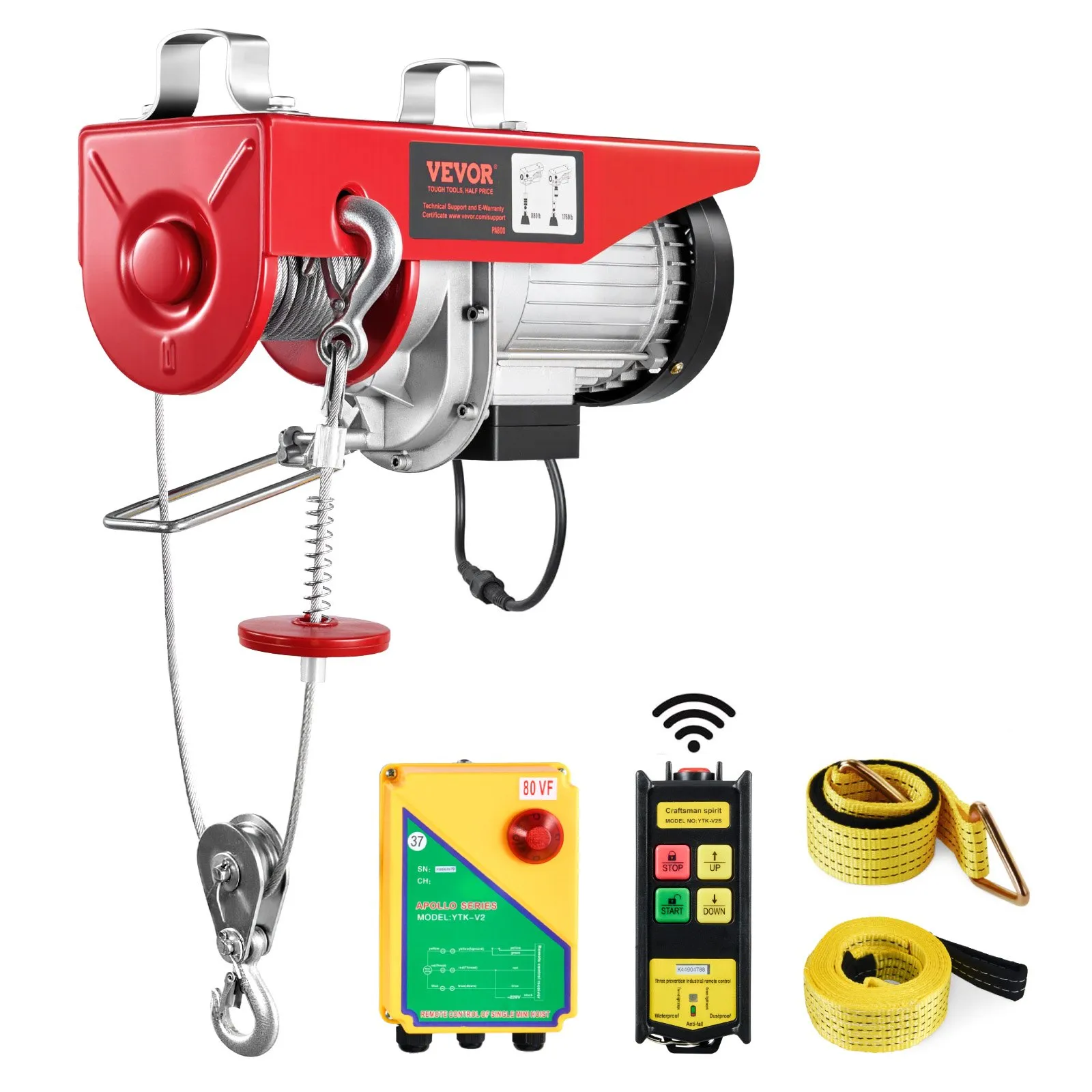 Electric Hoist 1760 lb 120V Winch, Wireless Remote, 40 ft Lift, Emergency Stop